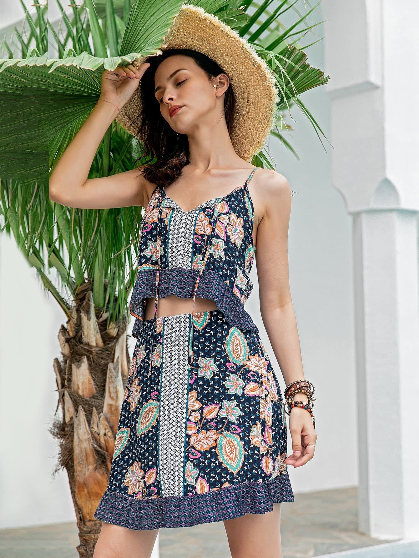 Spaghetti Strap Sleeveless Floral Ruffle Hem Cami Top and Skirt Set