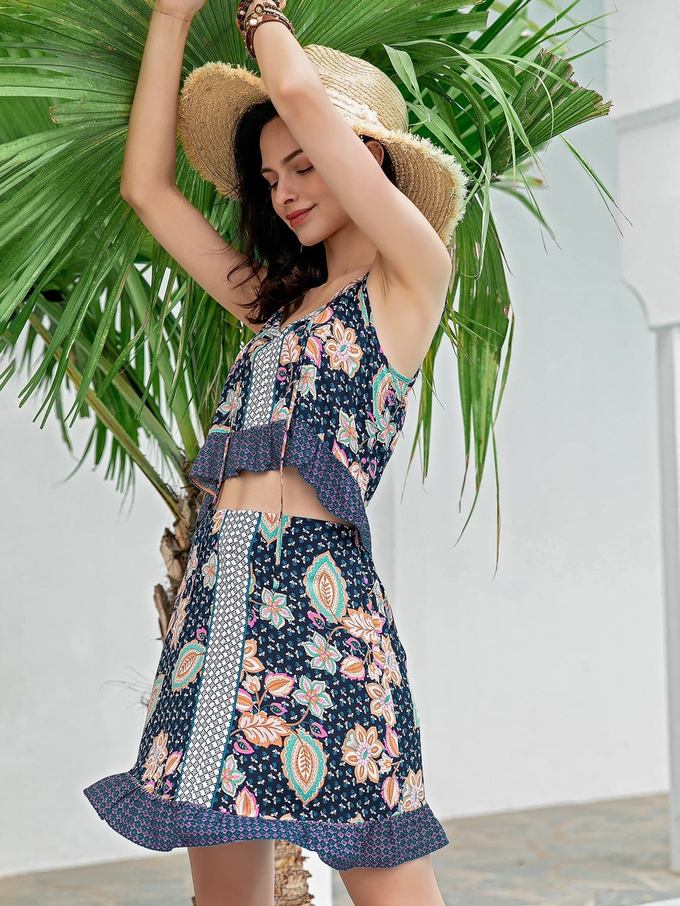 Spaghetti Strap Sleeveless Floral Ruffle Hem Cami Top and Skirt Set