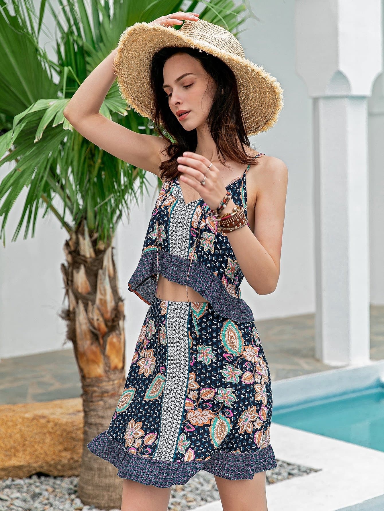 Spaghetti Strap Sleeveless Floral Ruffle Hem Cami Top and Skirt Set