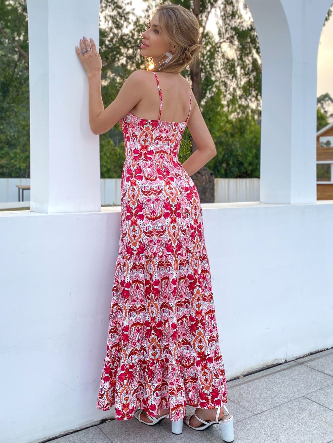 Spaghetti Strap Sleeveless Button Front Belted Ruffle Hem Floral Cami Dress