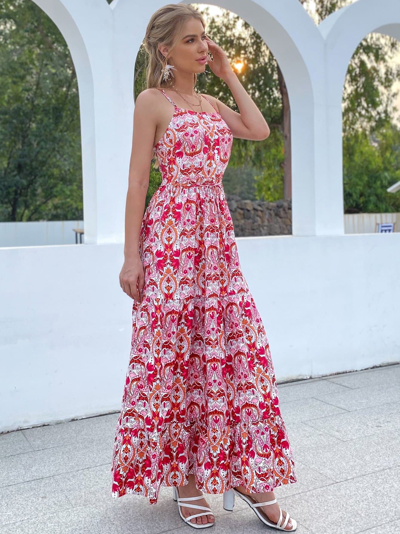 Spaghetti Strap Sleeveless Button Front Belted Ruffle Hem Floral Cami Dress