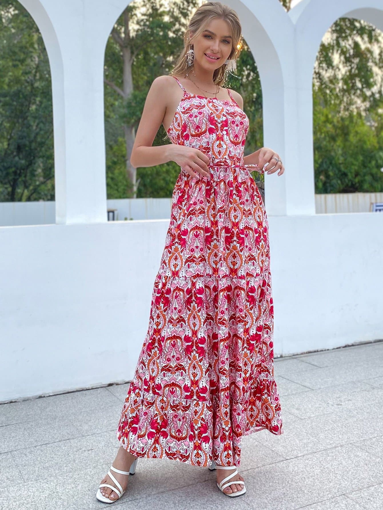 Spaghetti Strap Sleeveless Button Front Belted Ruffle Hem Floral Cami Dress