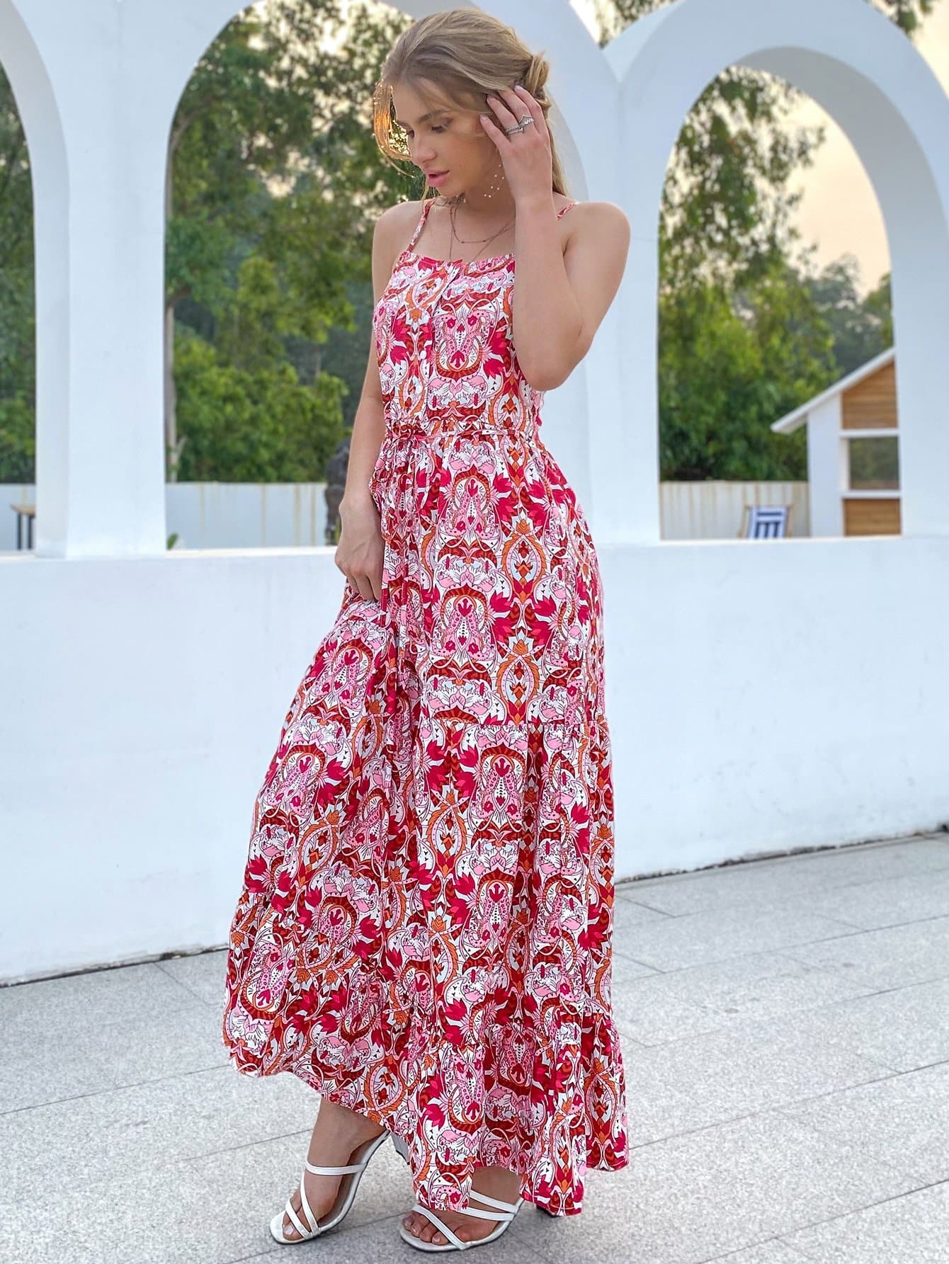 Spaghetti Strap Sleeveless Button Front Belted Ruffle Hem Floral Cami Dress