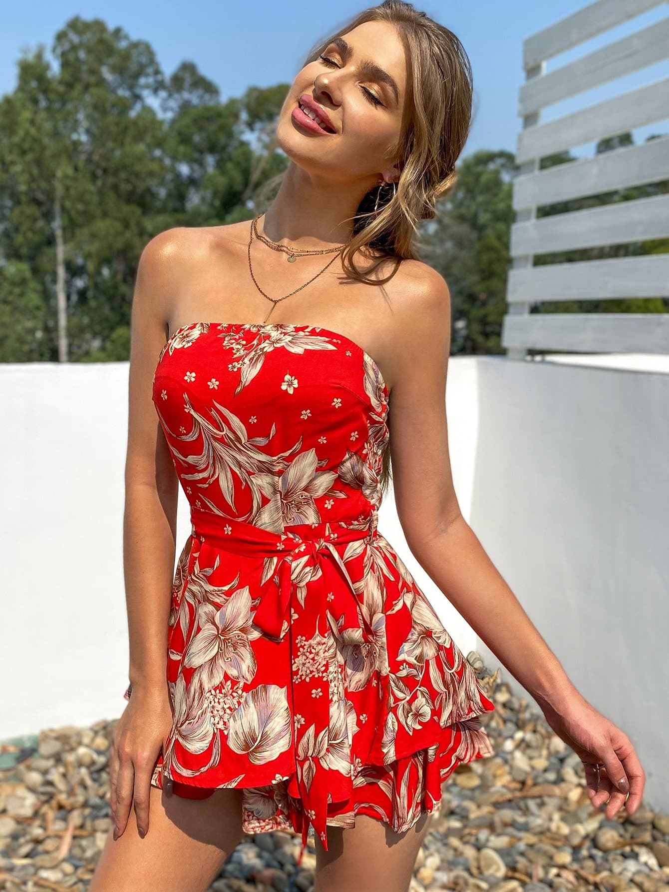 Red Floral Print Strapless Sleeveless Belted Layered Hem Tube Romper