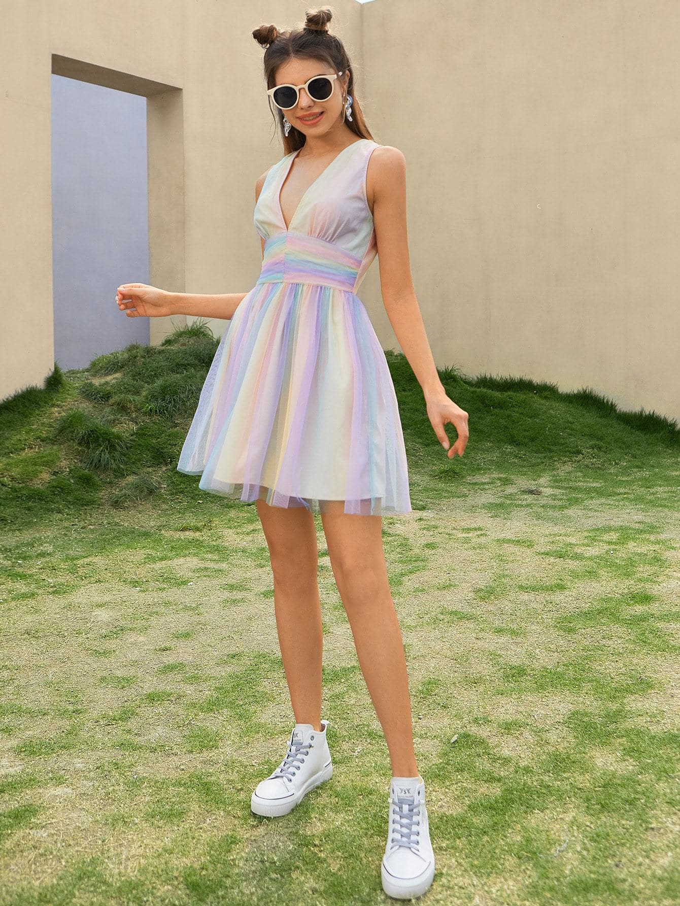 Sleeveless V-Neck Ombre Fit and Flare Mesh Dress