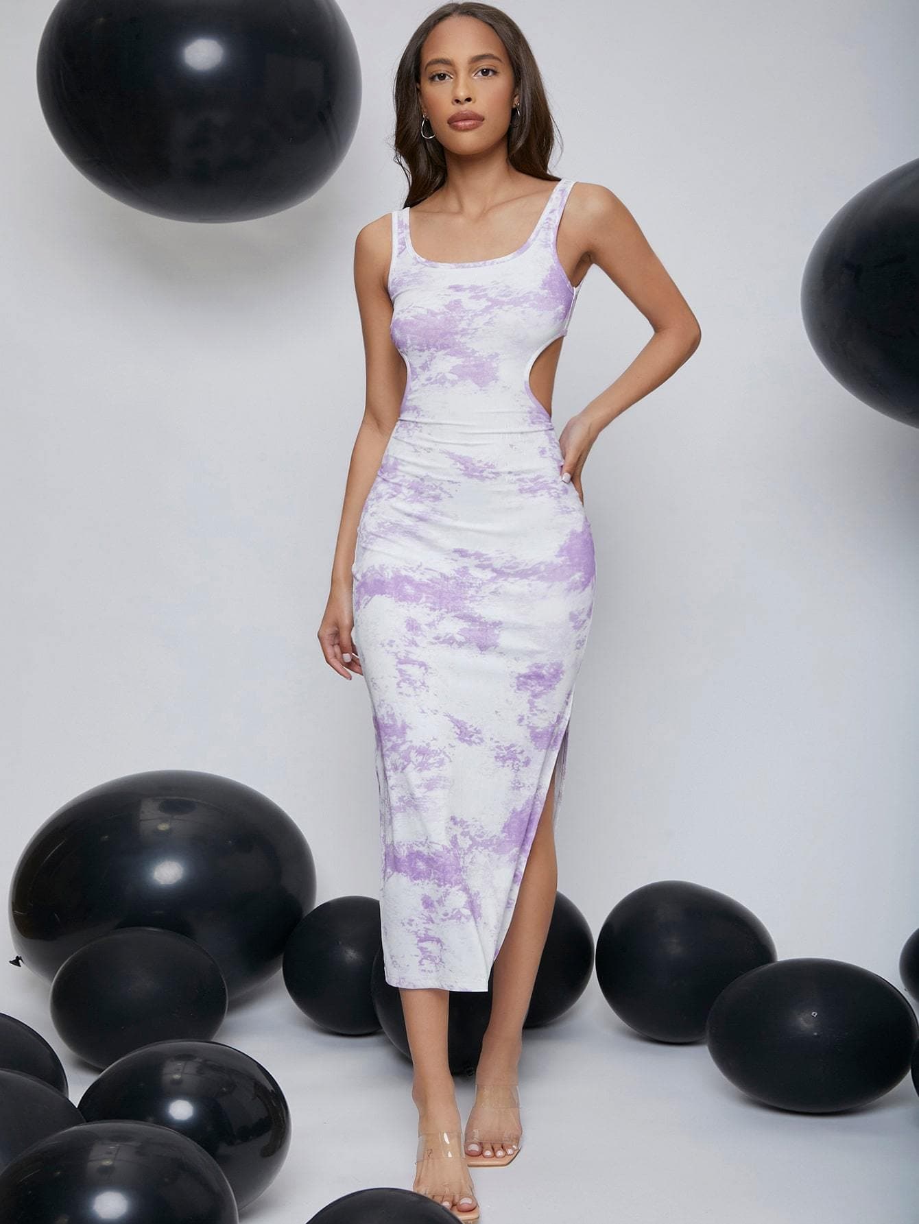 Scoop Neck Open Back Split Thigh Tie Dye Sleeveless Slim Fit Dress