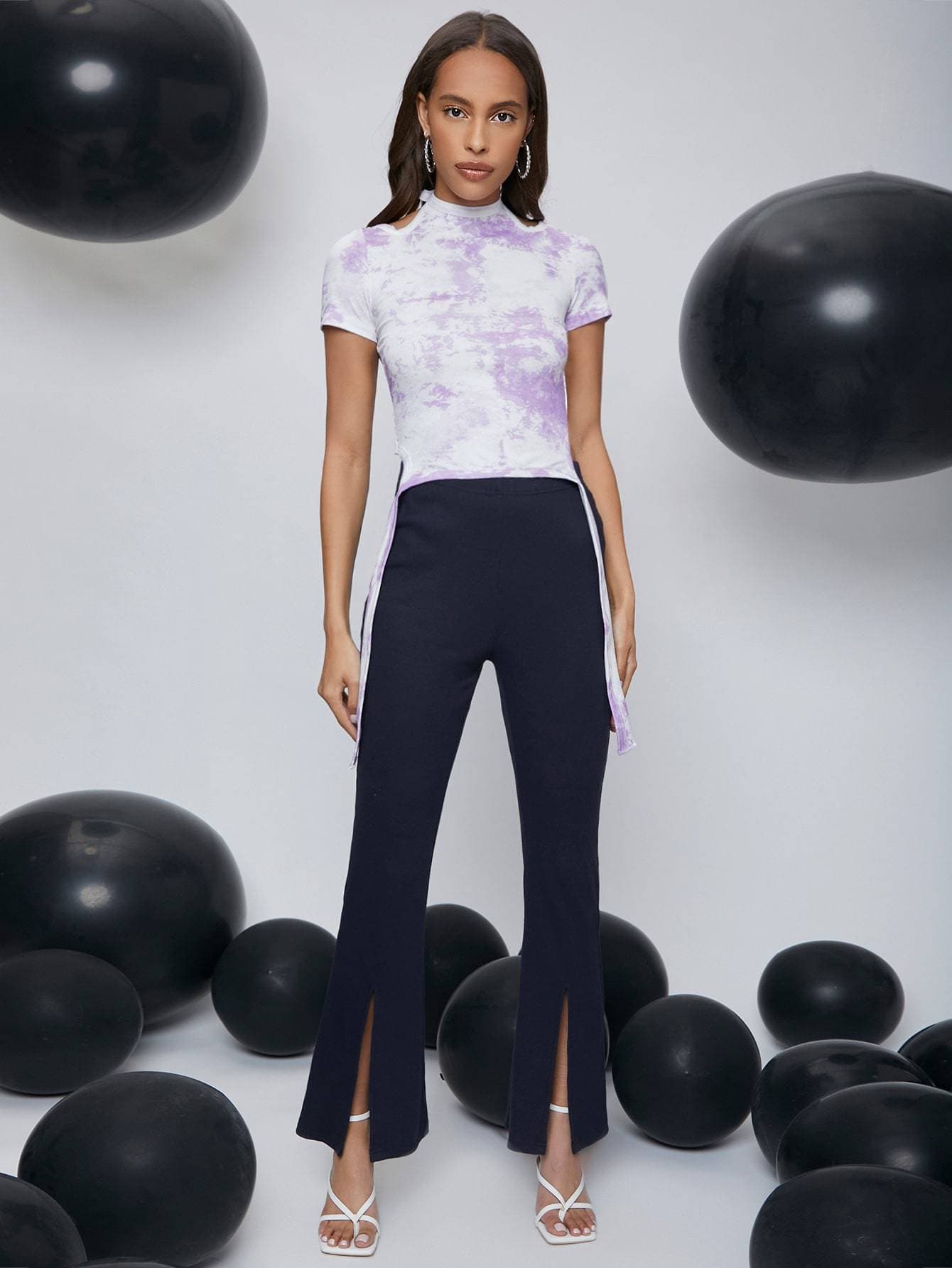 Stand Collar Tie Dye Knot Open Back Slim Fit Top