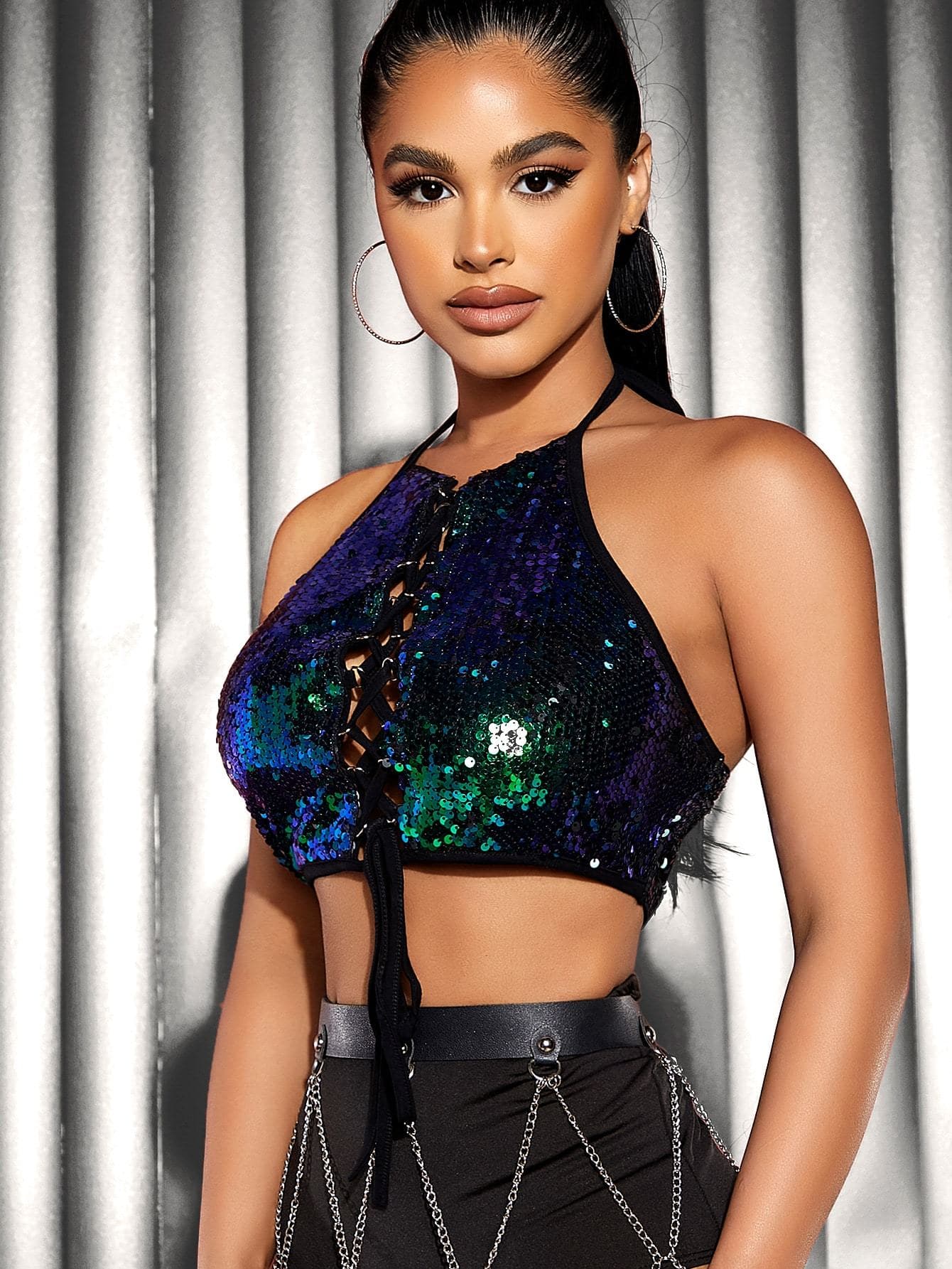 Lace Up Front Tie Back Slim Fit Sequin Halter Top