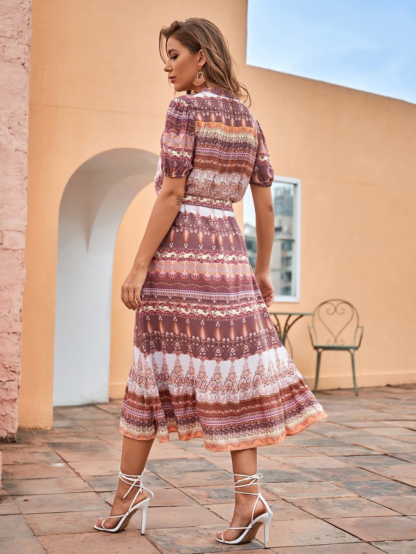 Tribal Split Thigh Floral Print Belted High Waist Dress