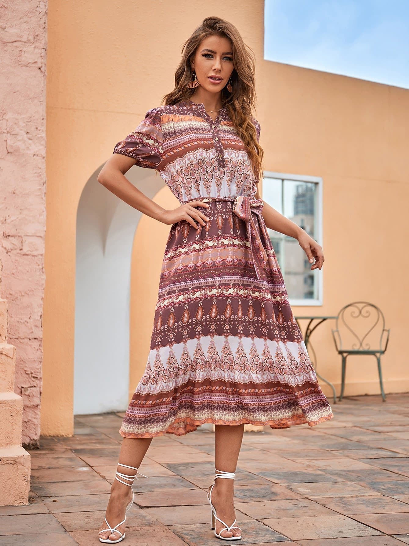 Tribal Split Thigh Floral Print Belted High Waist Dress
