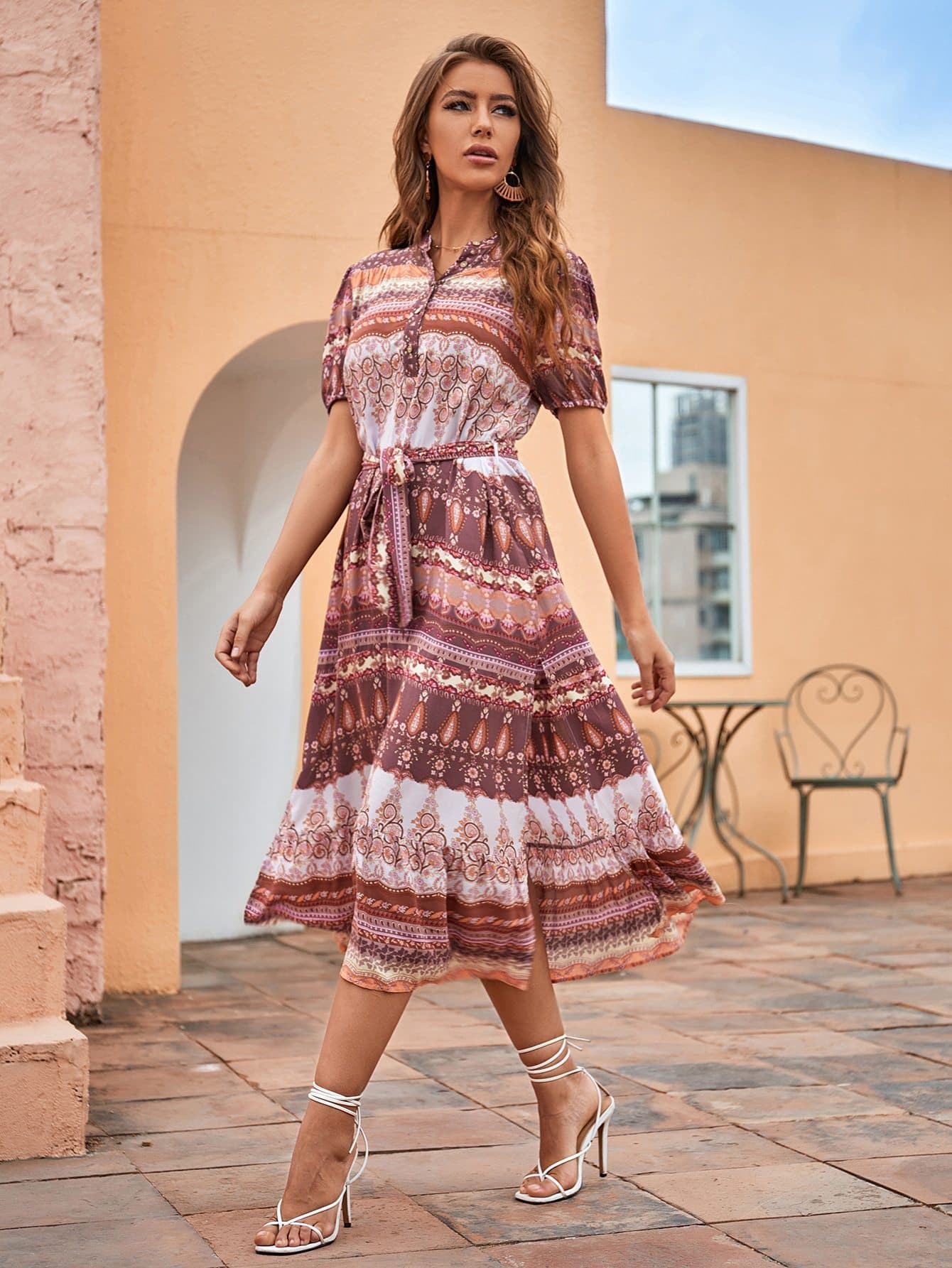 Tribal Split Thigh Floral Print Belted High Waist Dress