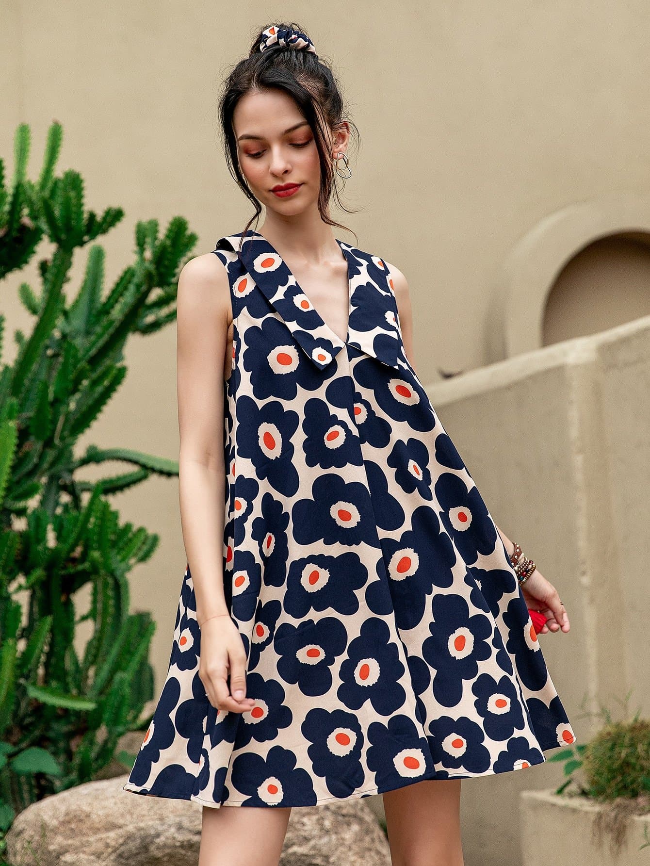 Peter Pan Collar Floral Print Sleeveless Flared Hem Dress