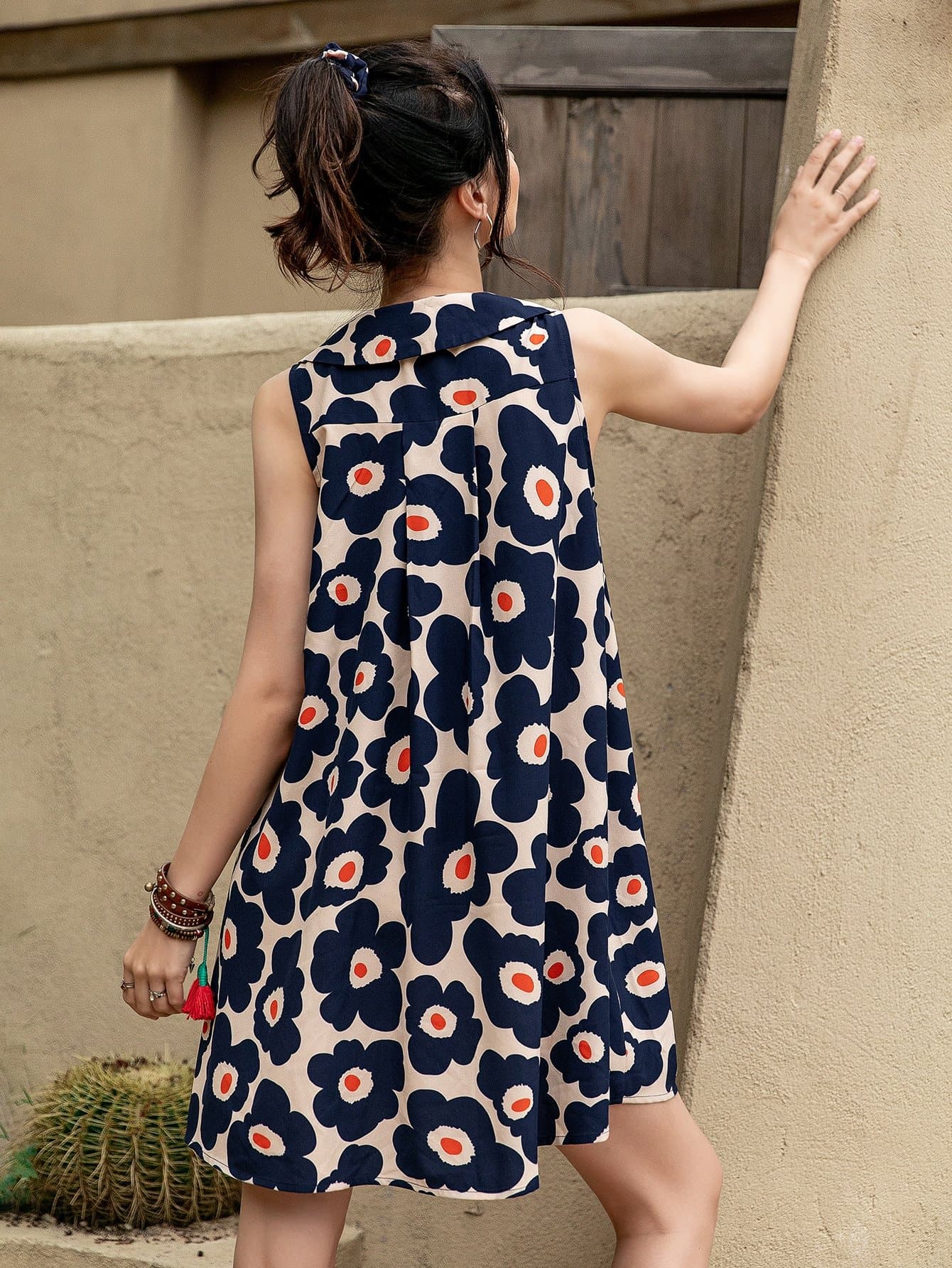 Peter Pan Collar Floral Print Sleeveless Flared Hem Dress