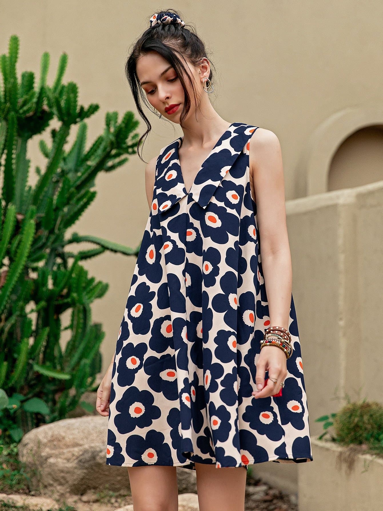 Peter Pan Collar Floral Print Sleeveless Flared Hem Dress