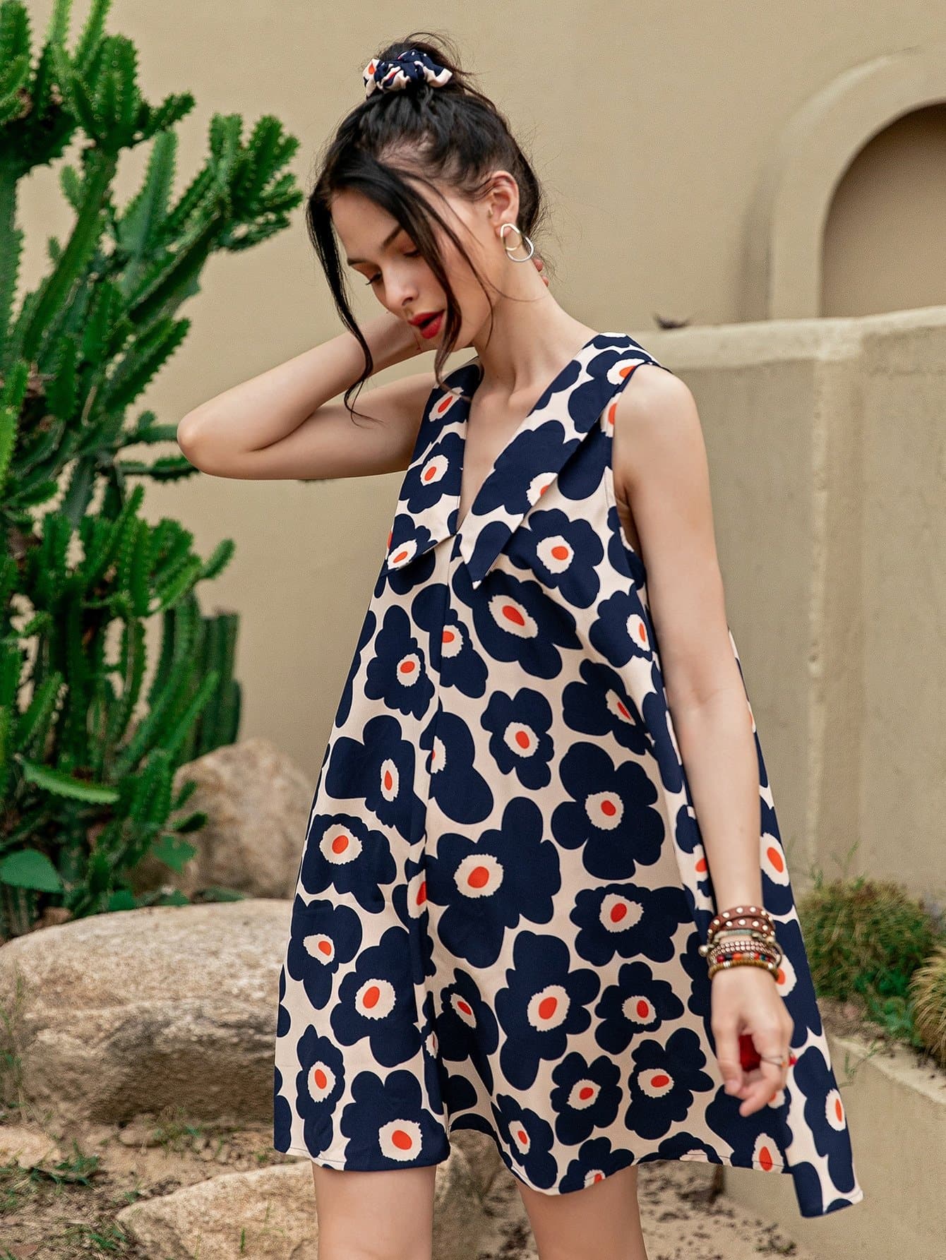Peter Pan Collar Floral Print Sleeveless Flared Hem Dress