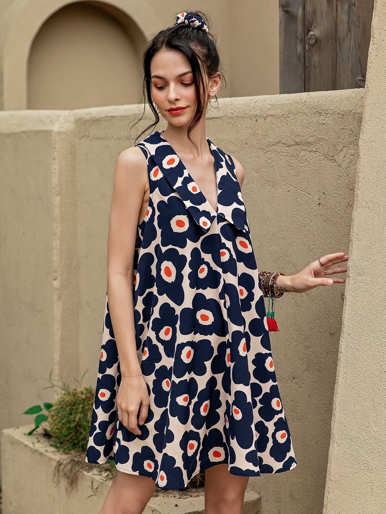 Peter Pan Collar Floral Print Sleeveless Flared Hem Dress