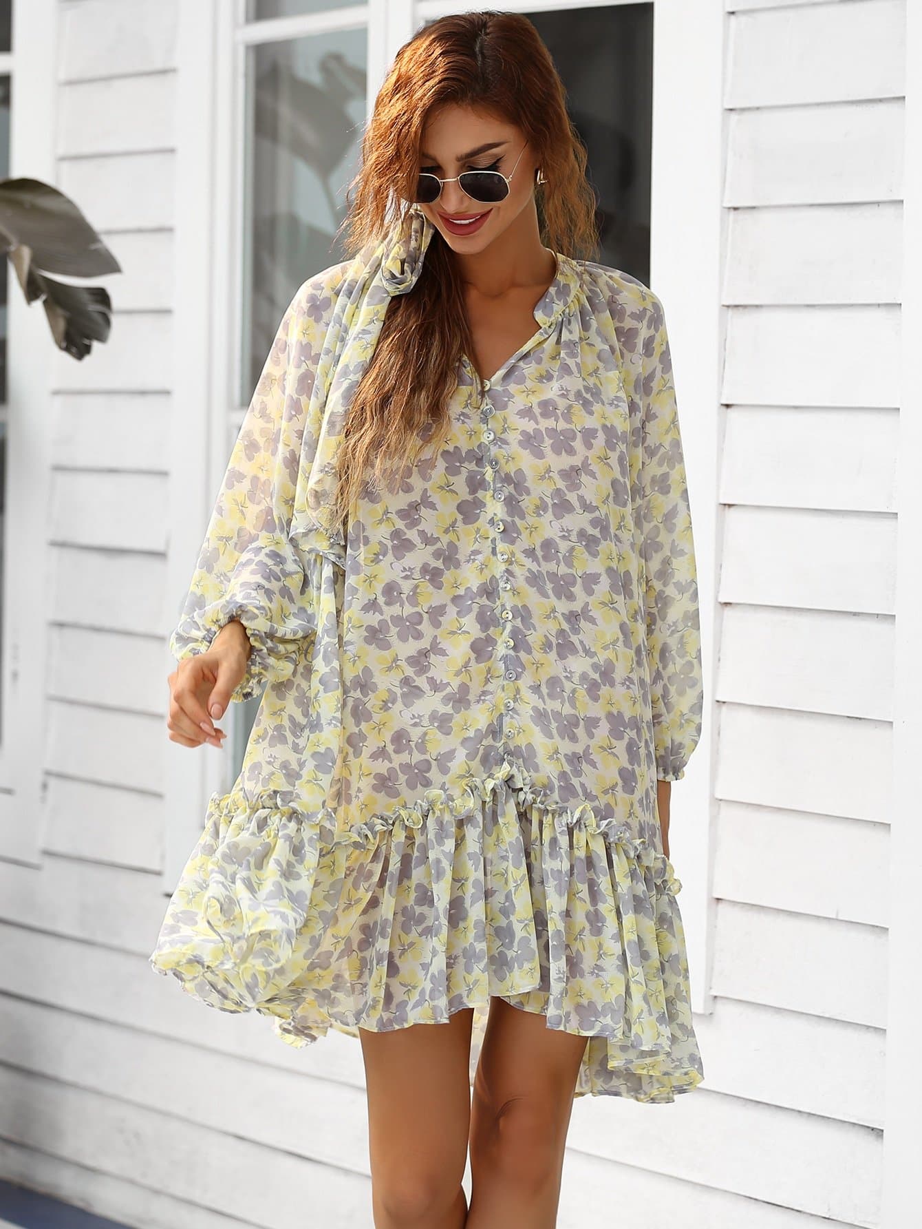 V-Neck Lantern Sleeve Button Front Ruffle Hem Floral Smock Dress