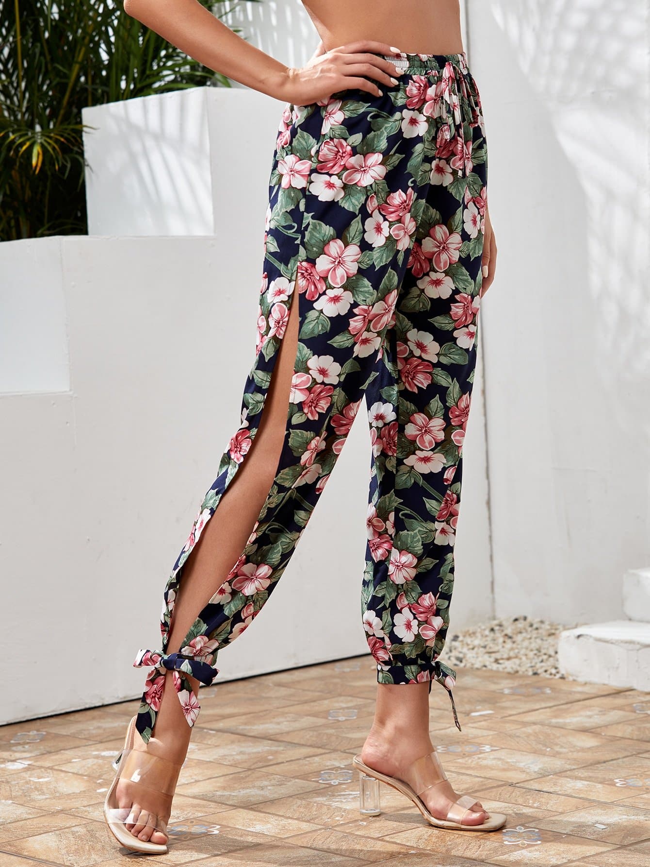 Split Side Knot Hem Floral High Waist Pants