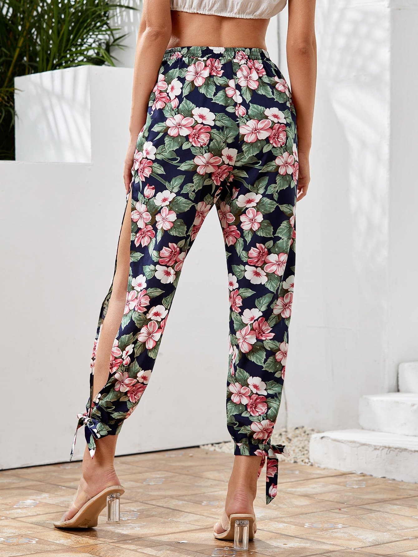 Split Side Knot Hem Floral High Waist Pants