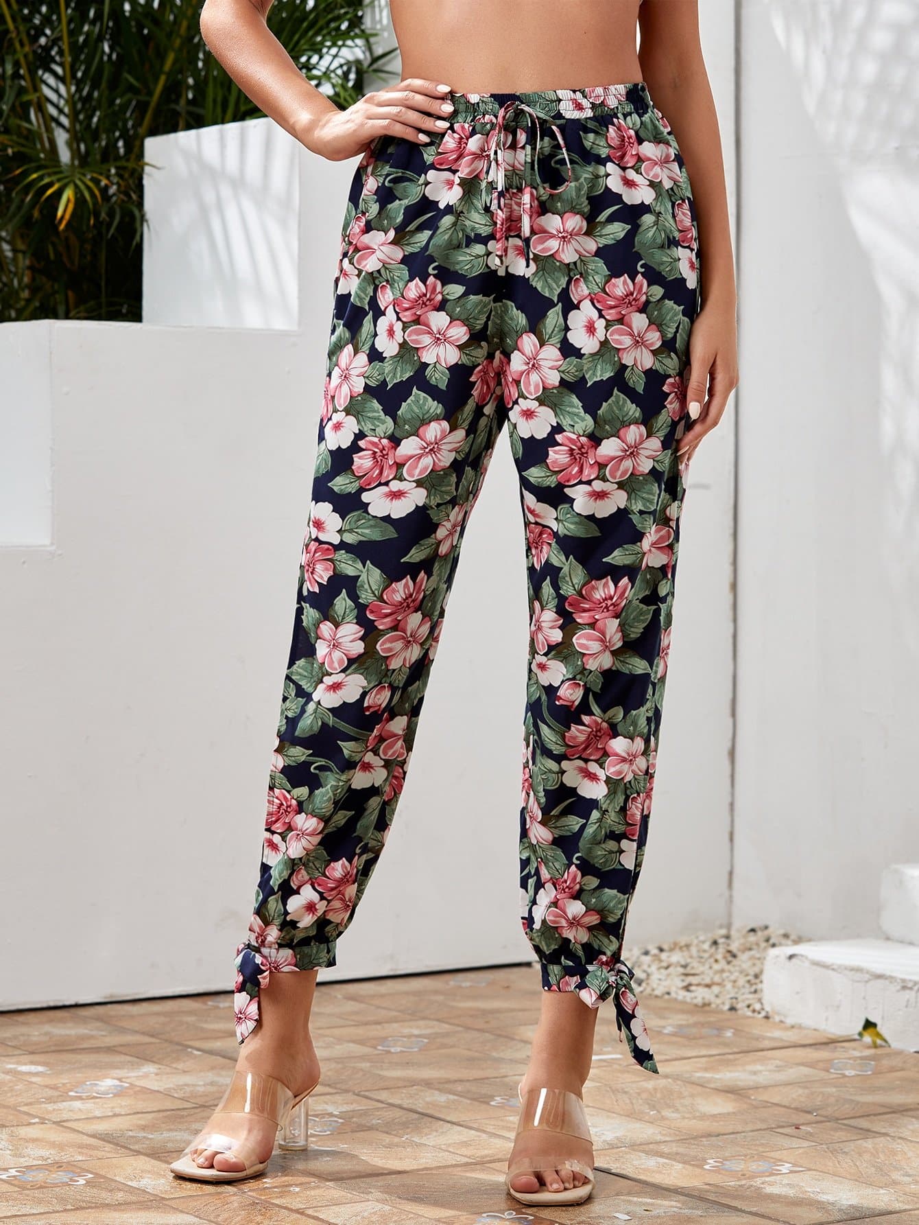 Split Side Knot Hem Floral High Waist Pants