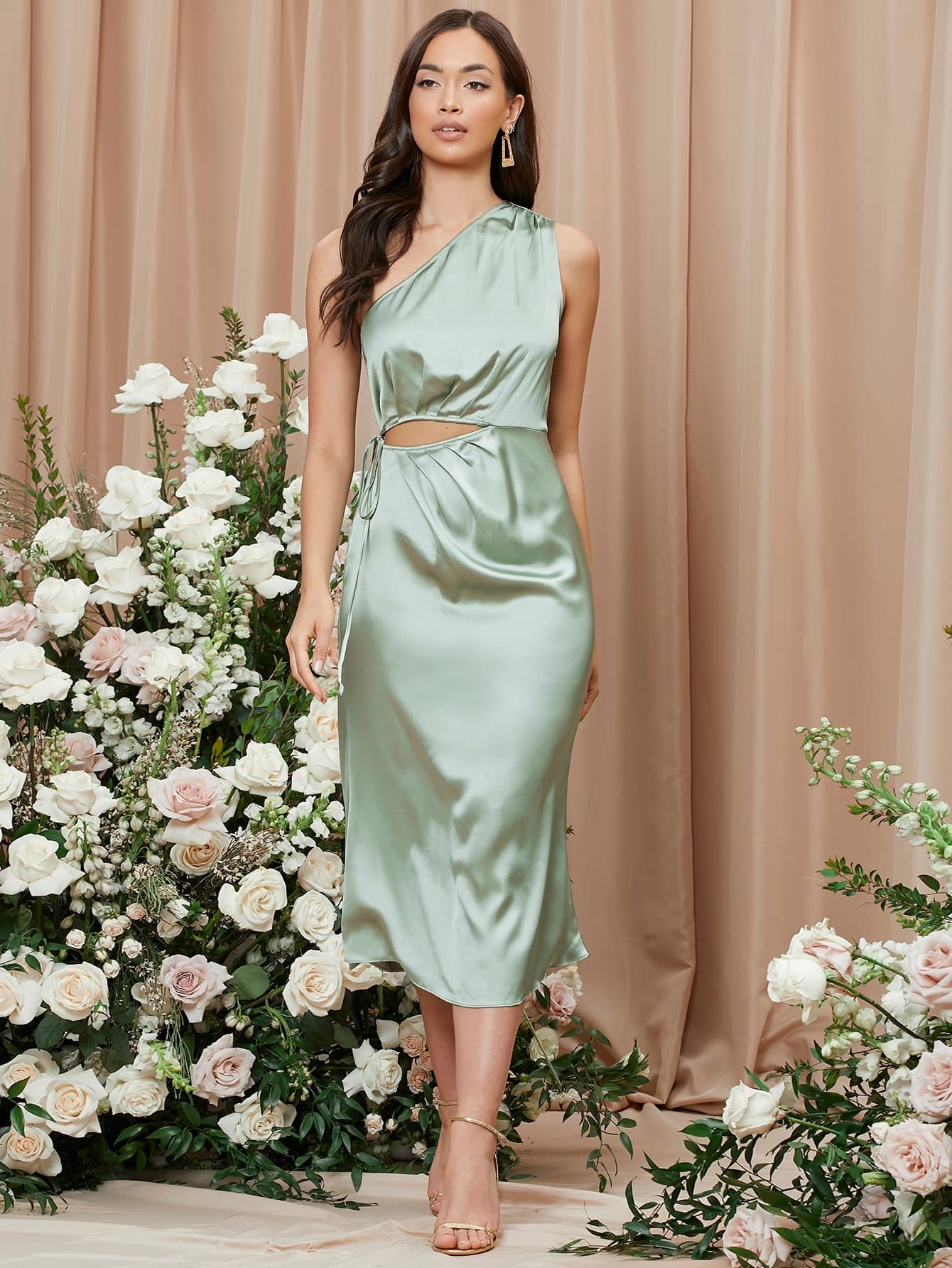 Mint Green Solid One Shoulder Sleeveless Cut Out Satin Dress Wear.Style Mint Green Solid One Shoulder Sleeveless Cut Out Satin Dress Wear.Style