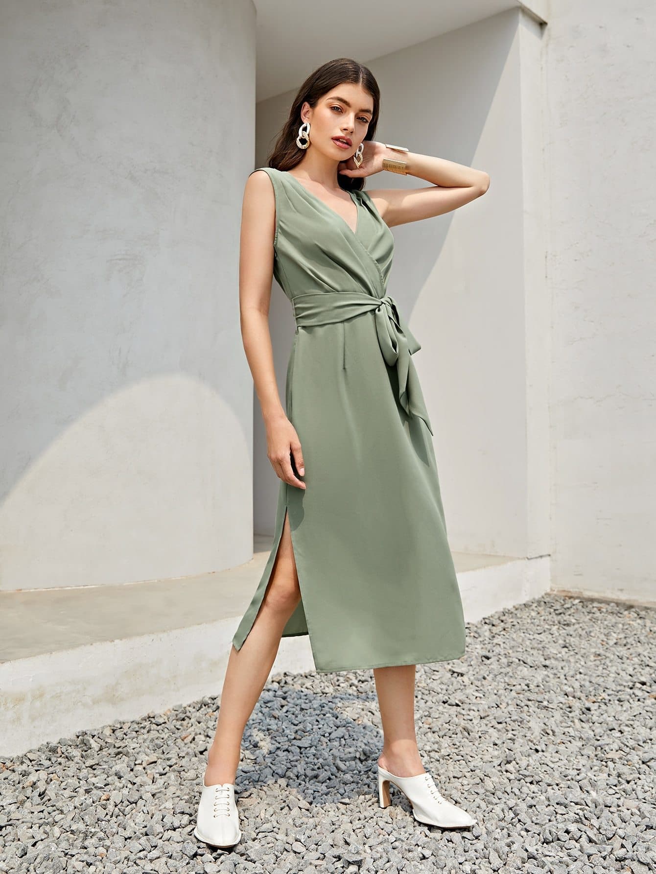 Green Surplice V-Neck Belted Split Thigh Sleeveless Dress