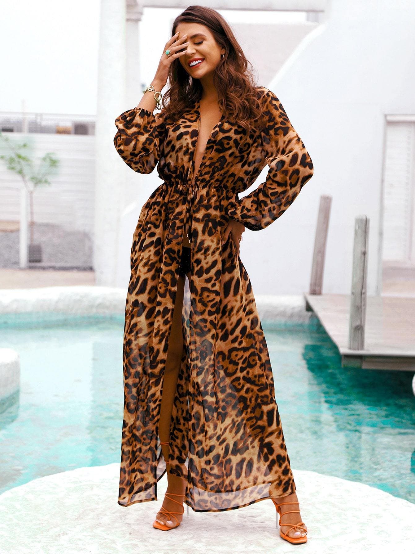Leopard Print Knot Front Kimono
