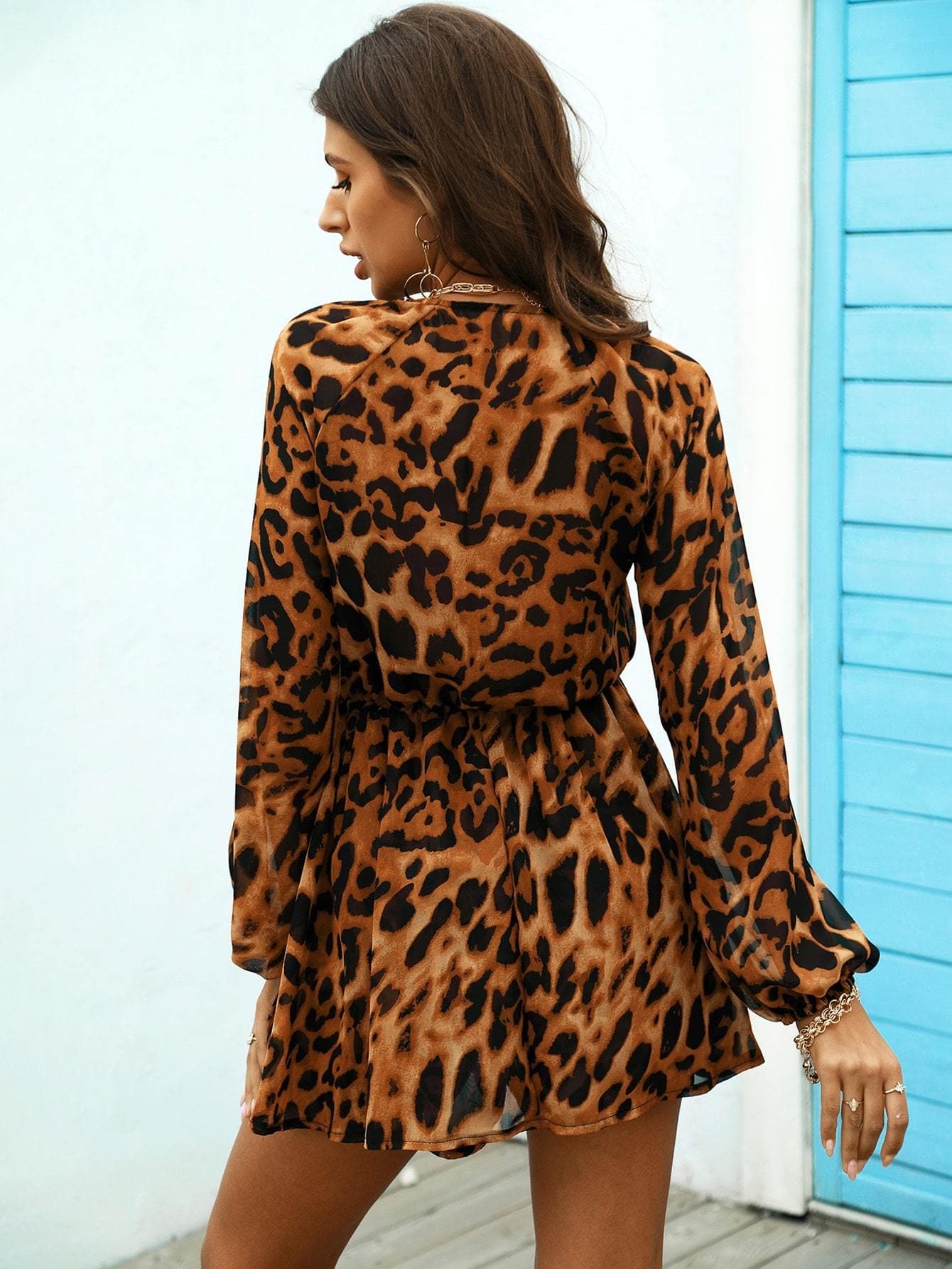 Leopard Print Deep V-Neck Bishop Sleeve Flared Hem Dress