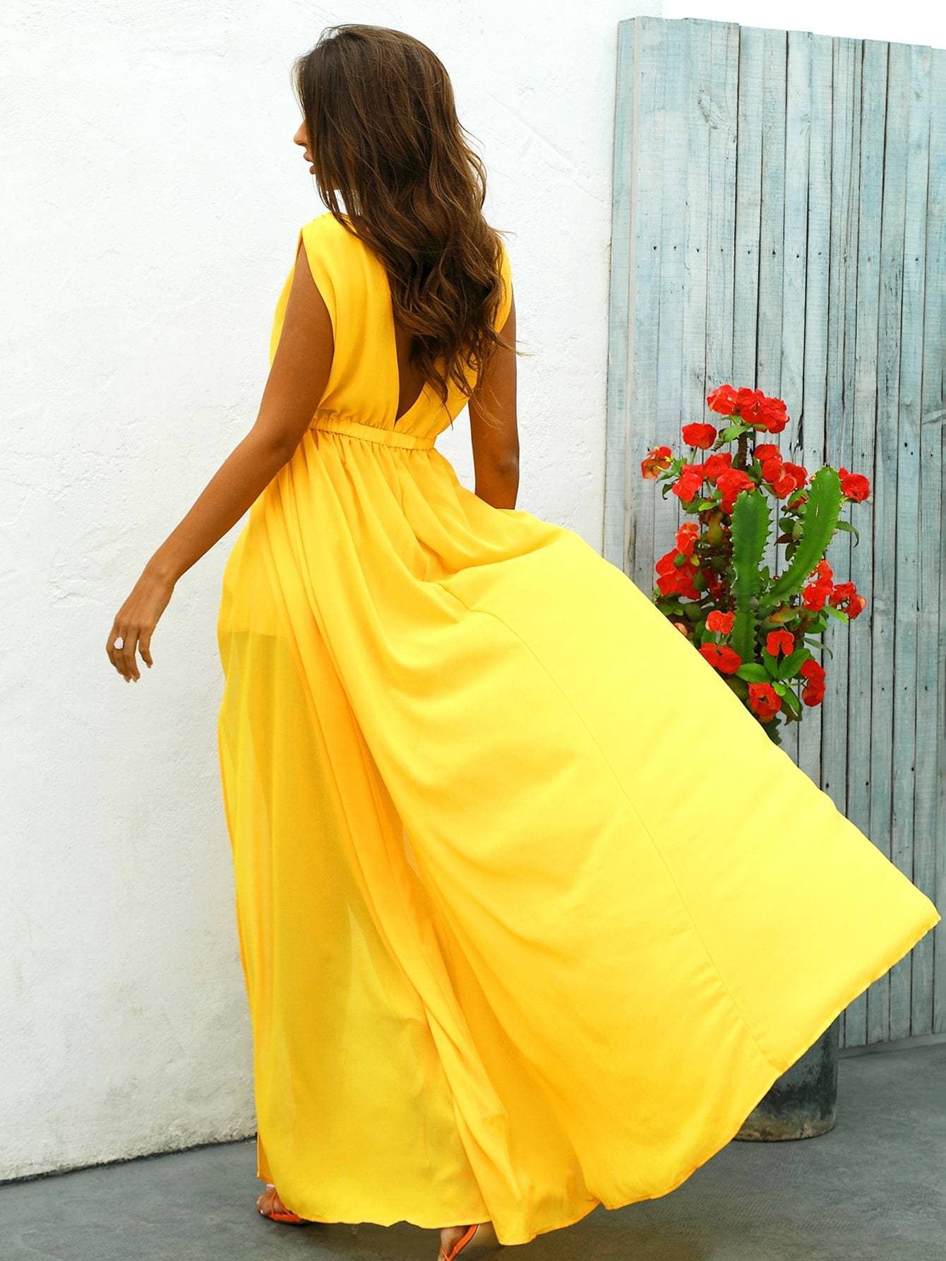 Bright Yellow Deep V-Neck Split Thigh Sleeveless Dress