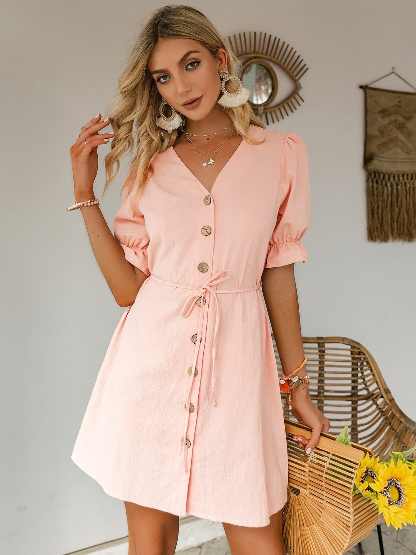 Pastel Pink V-Neck Flounce Sleeve Button Front Belted Dress