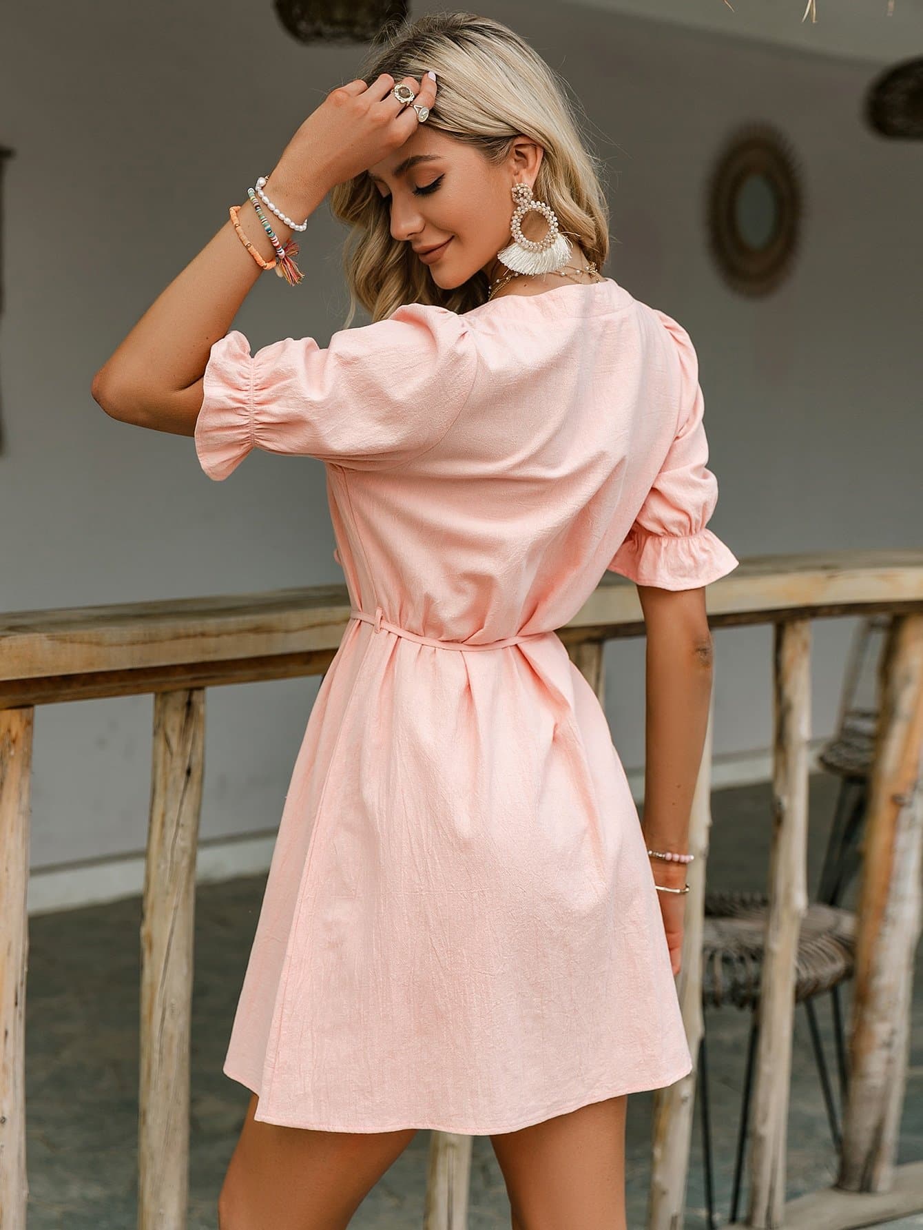 Pastel Pink V-Neck Flounce Sleeve Button Front Belted Dress