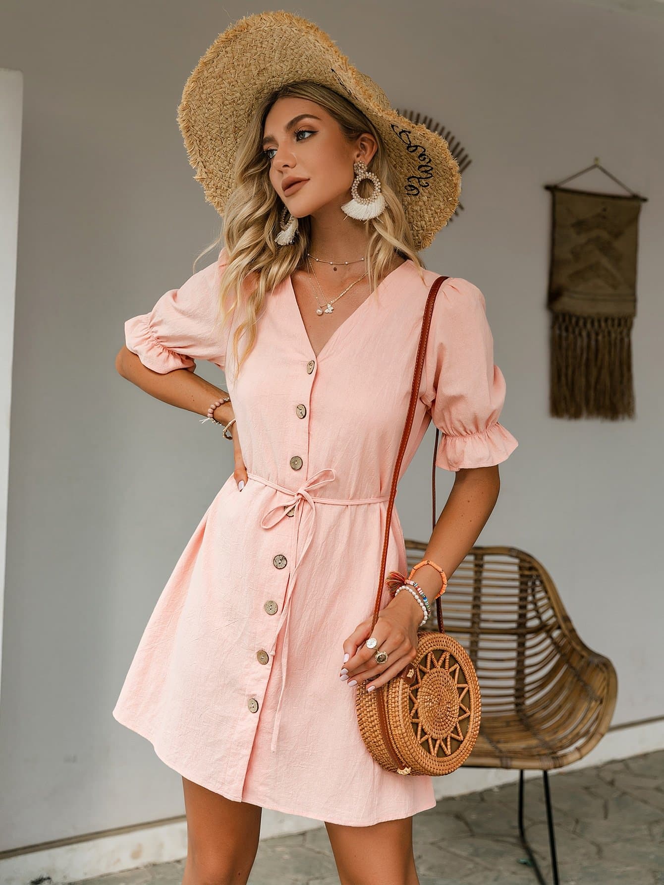 Pastel Pink V-Neck Flounce Sleeve Button Front Belted Dress