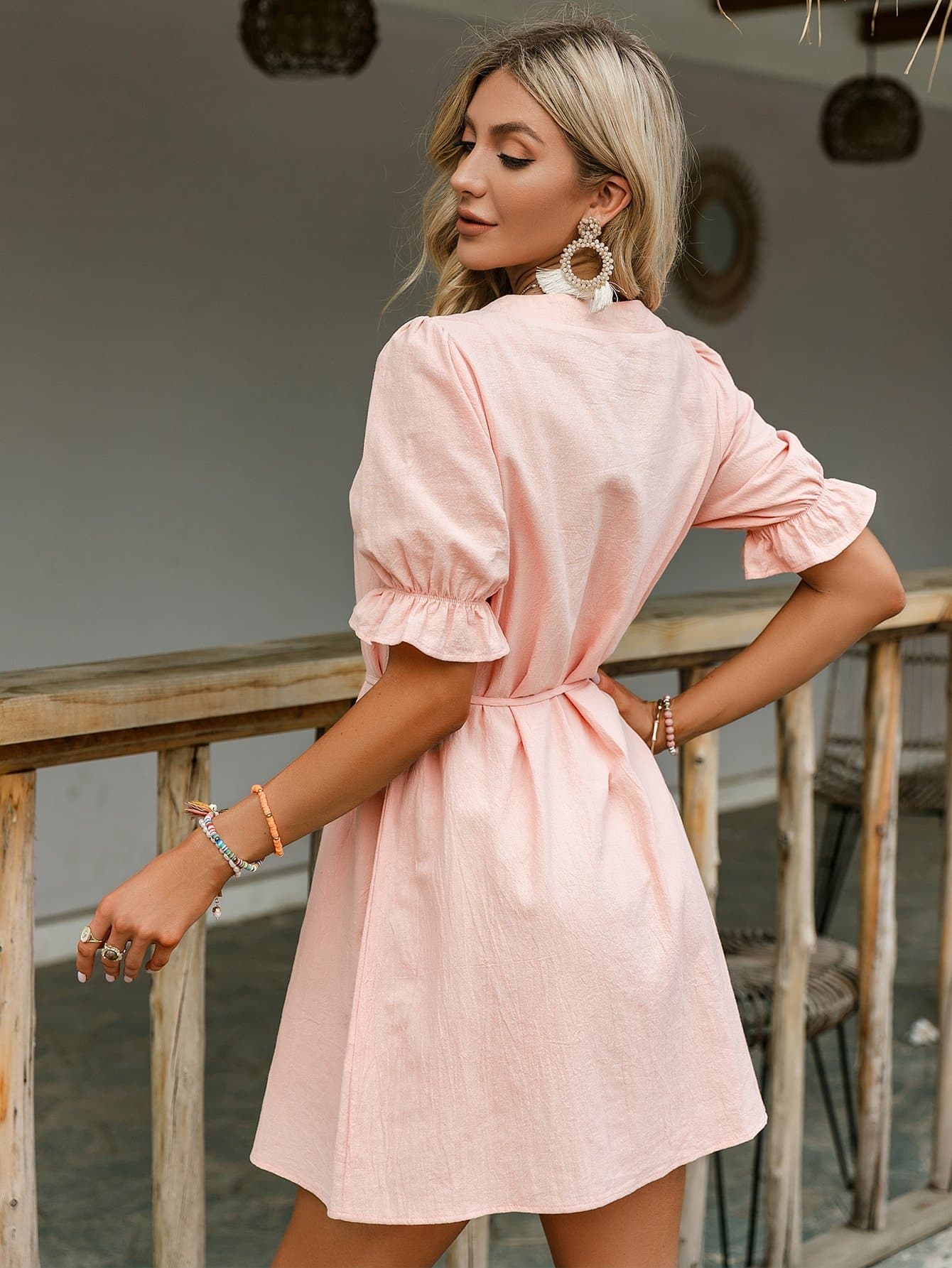 Pastel Pink V-Neck Flounce Sleeve Button Front Belted Dress