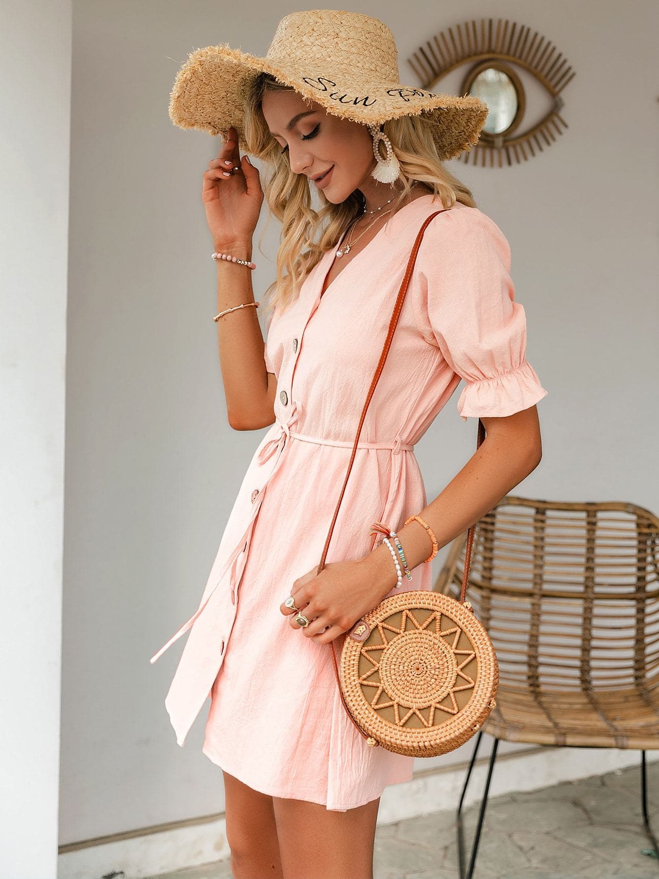 Pastel Pink V-Neck Flounce Sleeve Button Front Belted Dress