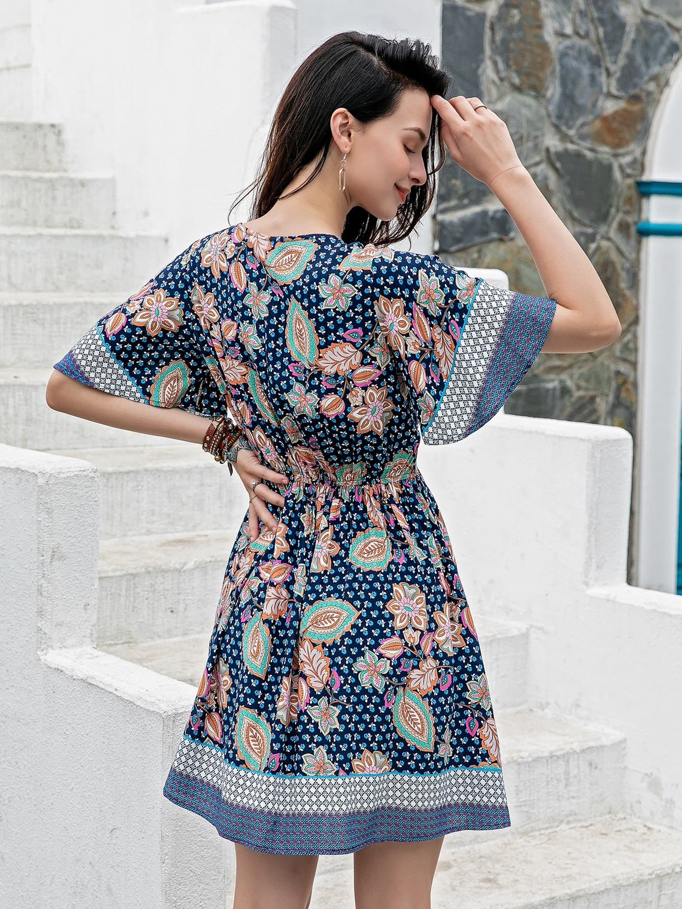 V-Neck Floral Lace Up Detail High Waist Dress