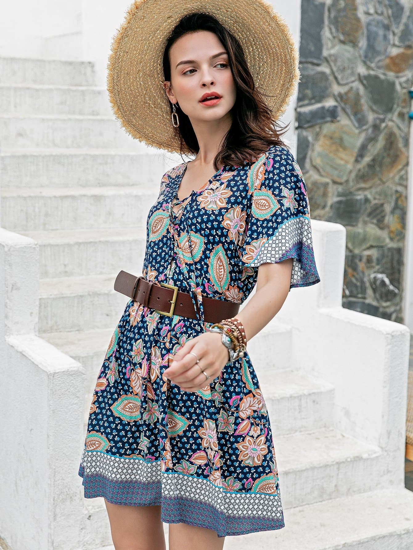 V-Neck Floral Lace Up Detail High Waist Dress