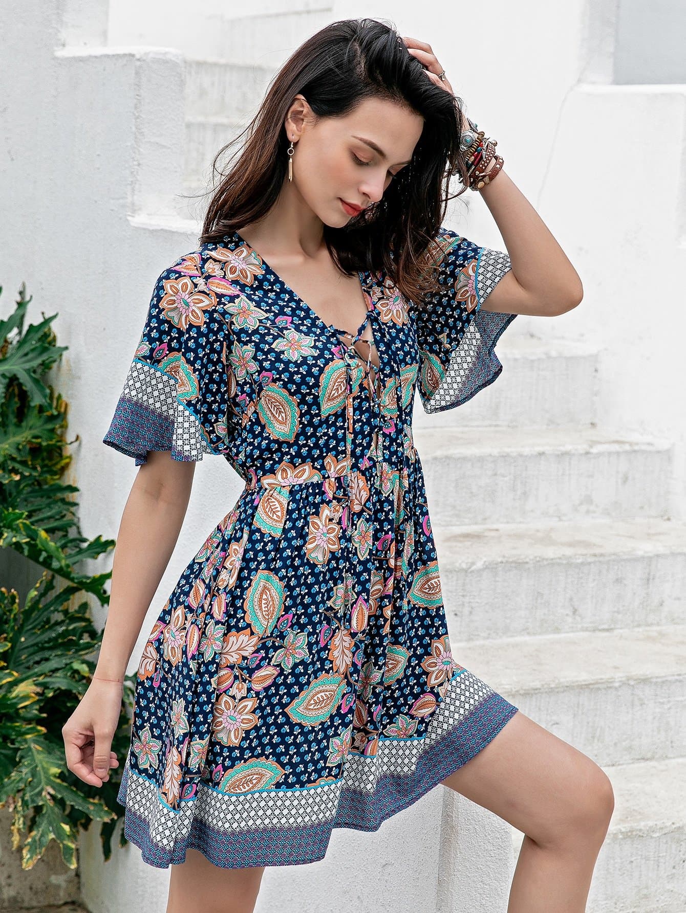 V-Neck Floral Lace Up Detail High Waist Dress