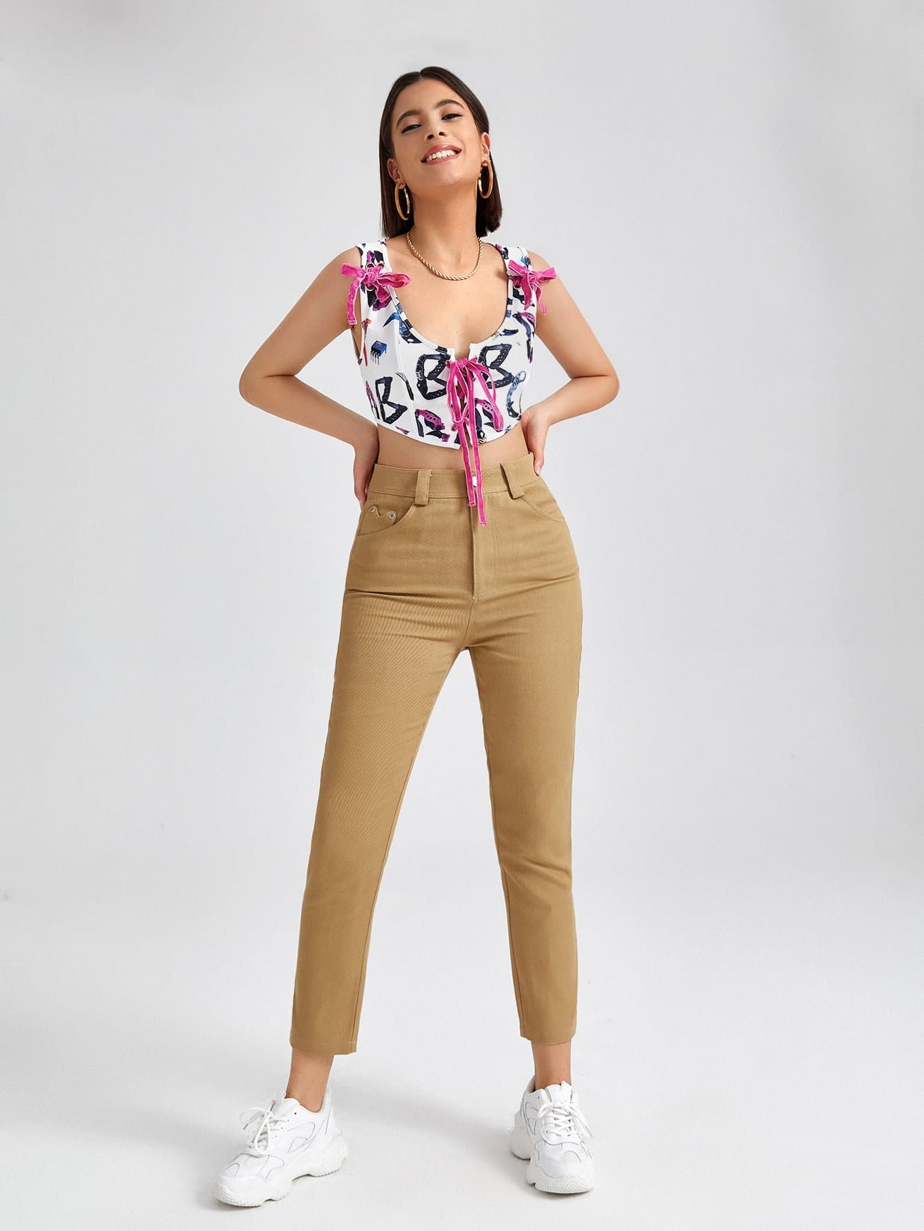 Scoop Neck Knot Front Graphic Print Lace Up Backless Tank Top