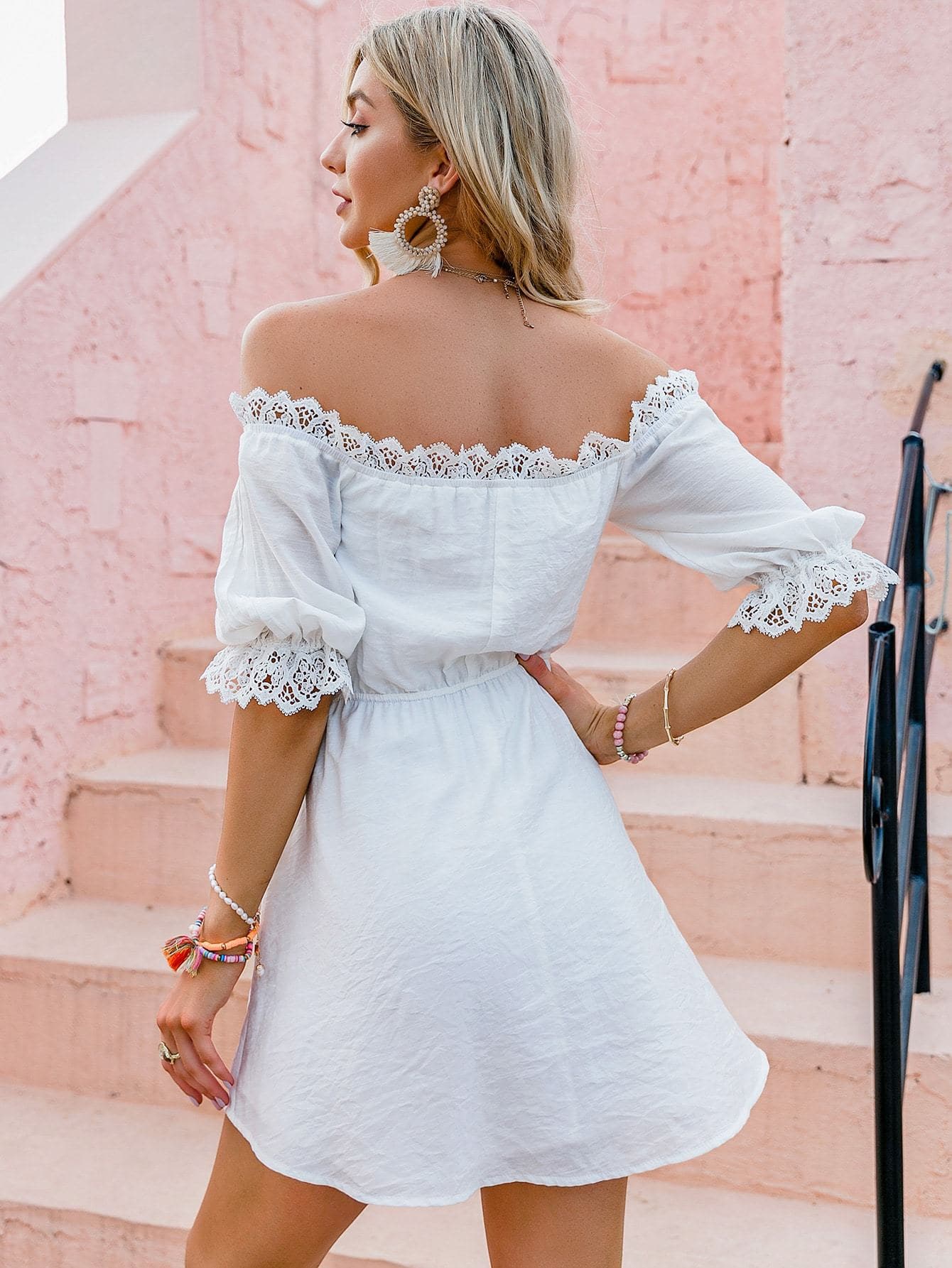 White Off Shoulder Lace Trim Tie Waist Dress