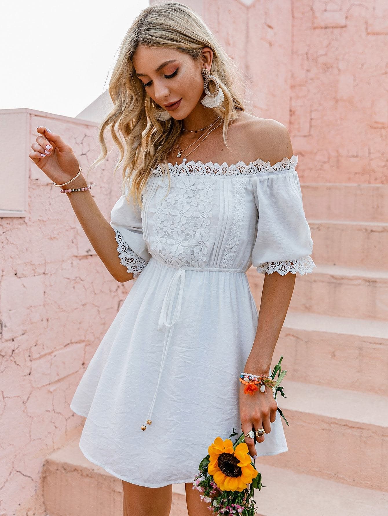 White Off Shoulder Lace Trim Tie Waist Dress