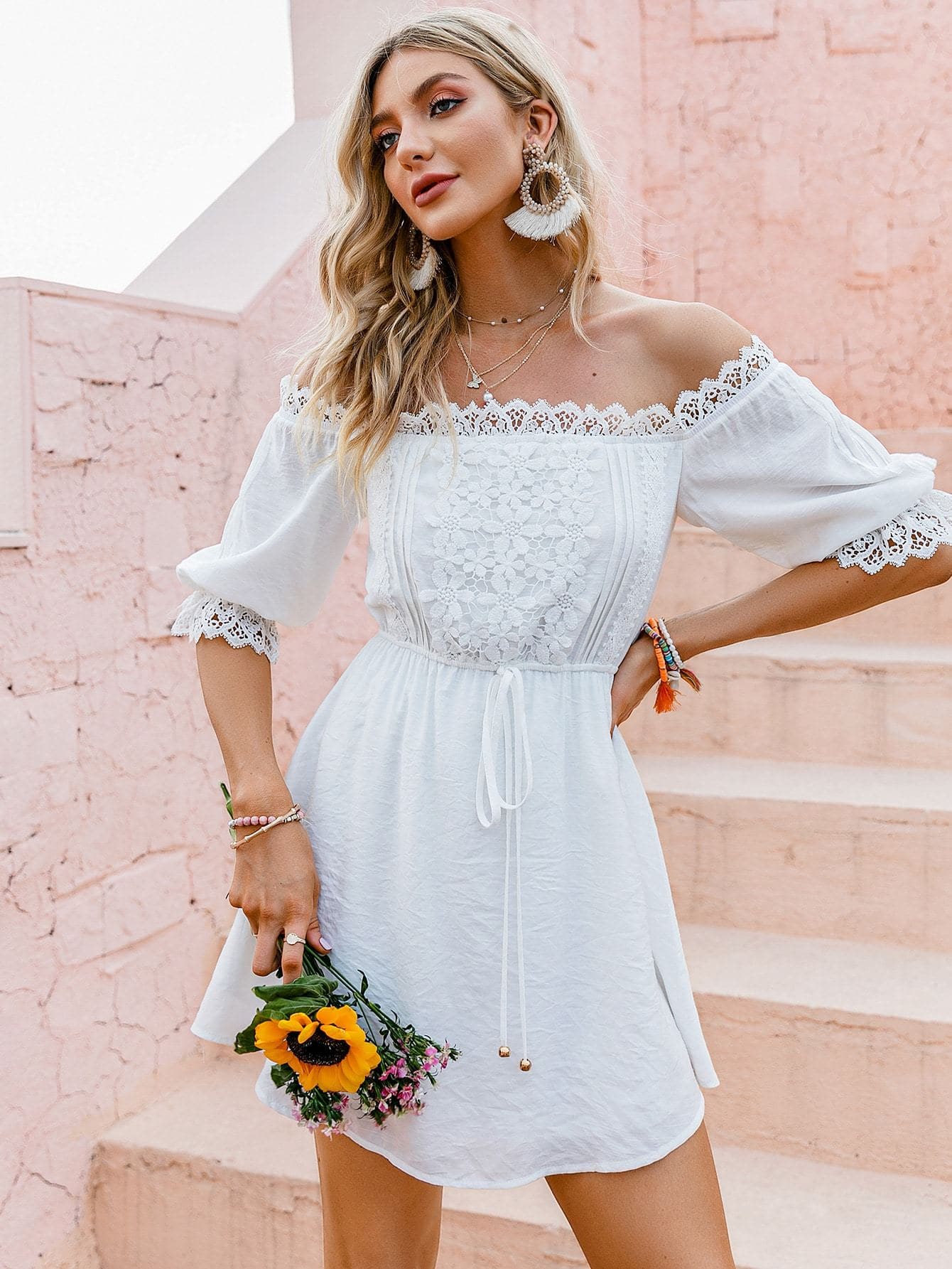 White Off Shoulder Lace Trim Tie Waist Dress