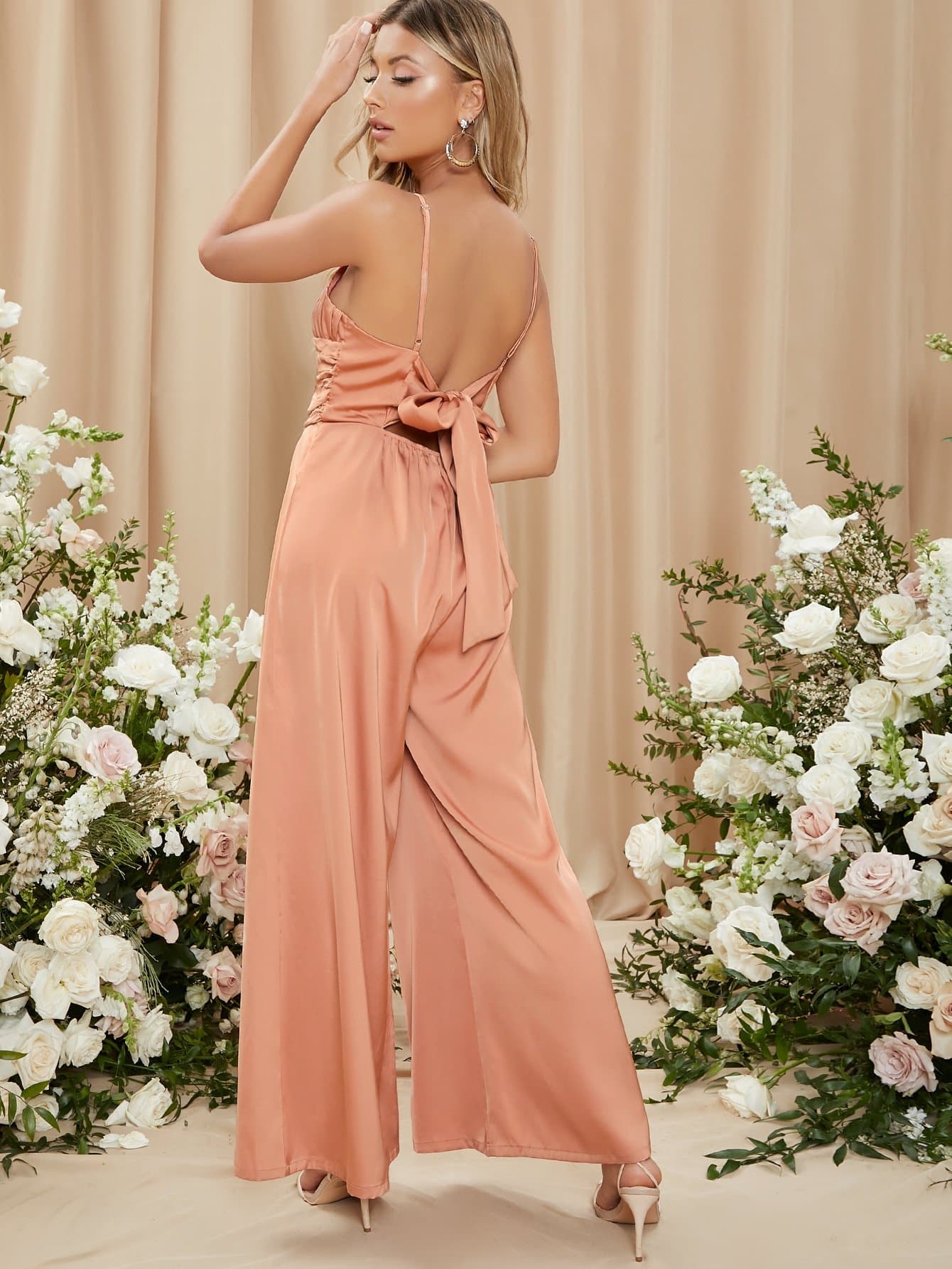 Orange Satin Spaghetti Strap Sleeveless Ruched Self-Tie Bow Cami Jumpsuit
