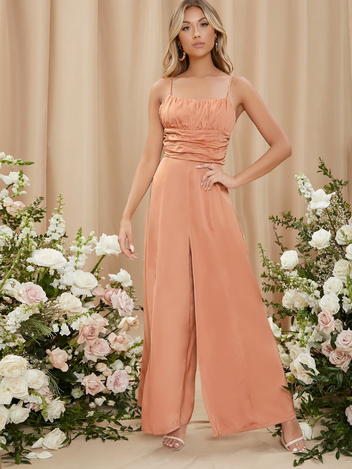 Orange Satin Spaghetti Strap Sleeveless Ruched Self-Tie Bow Cami Jumpsuit