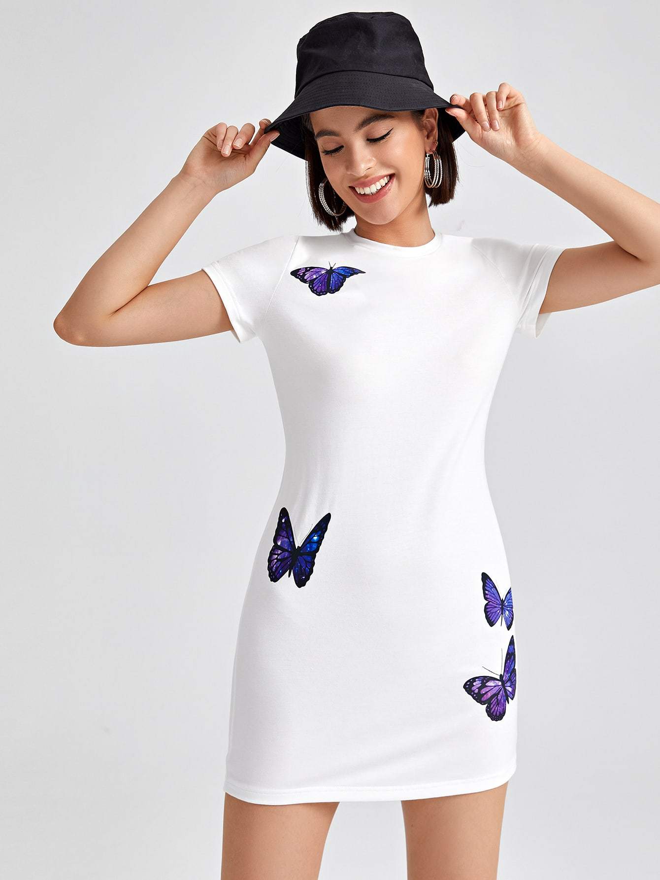 White Round Neck Butterfly Print Slim Fit Dress