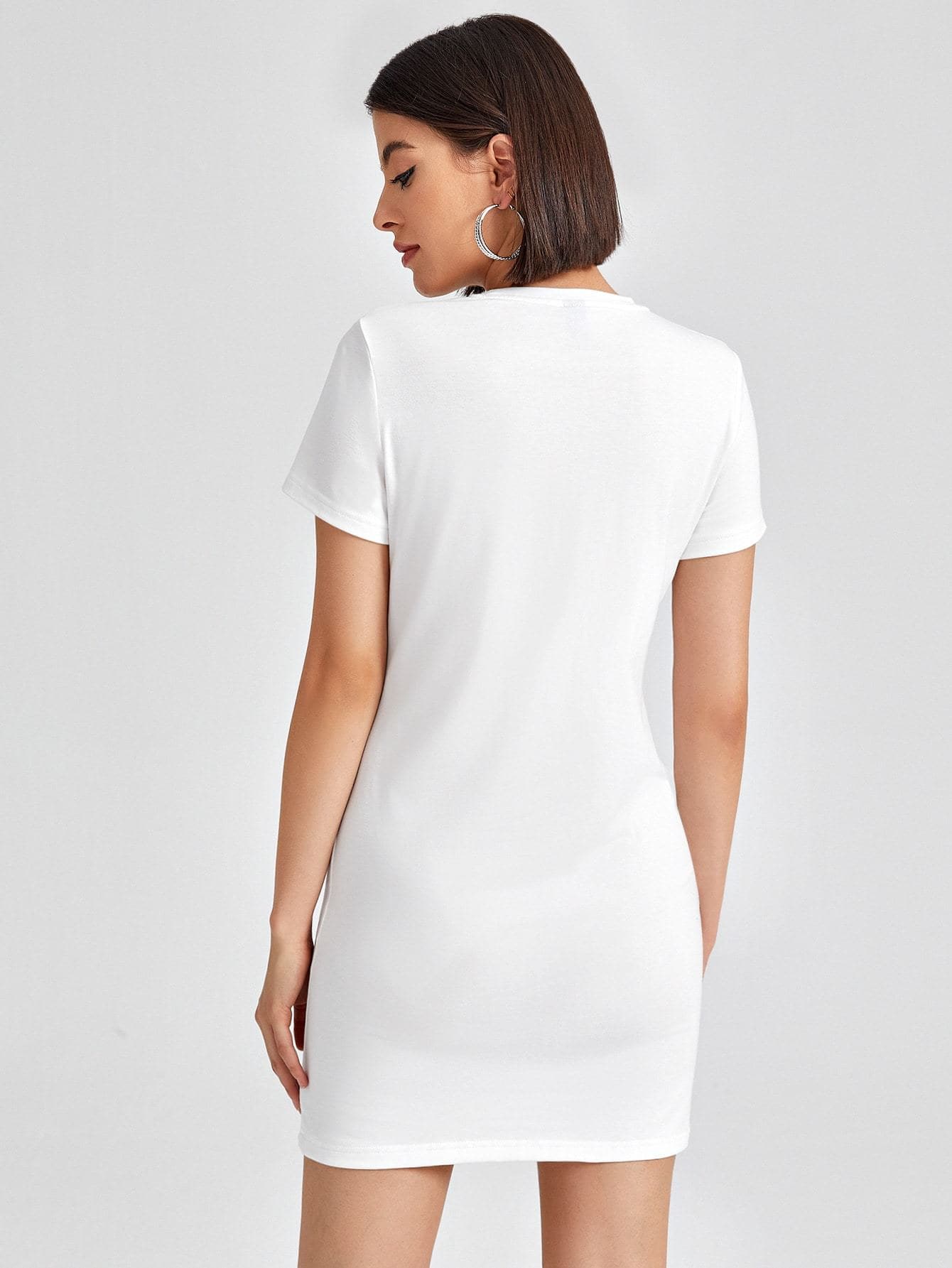 White Round Neck Butterfly Print Slim Fit Dress