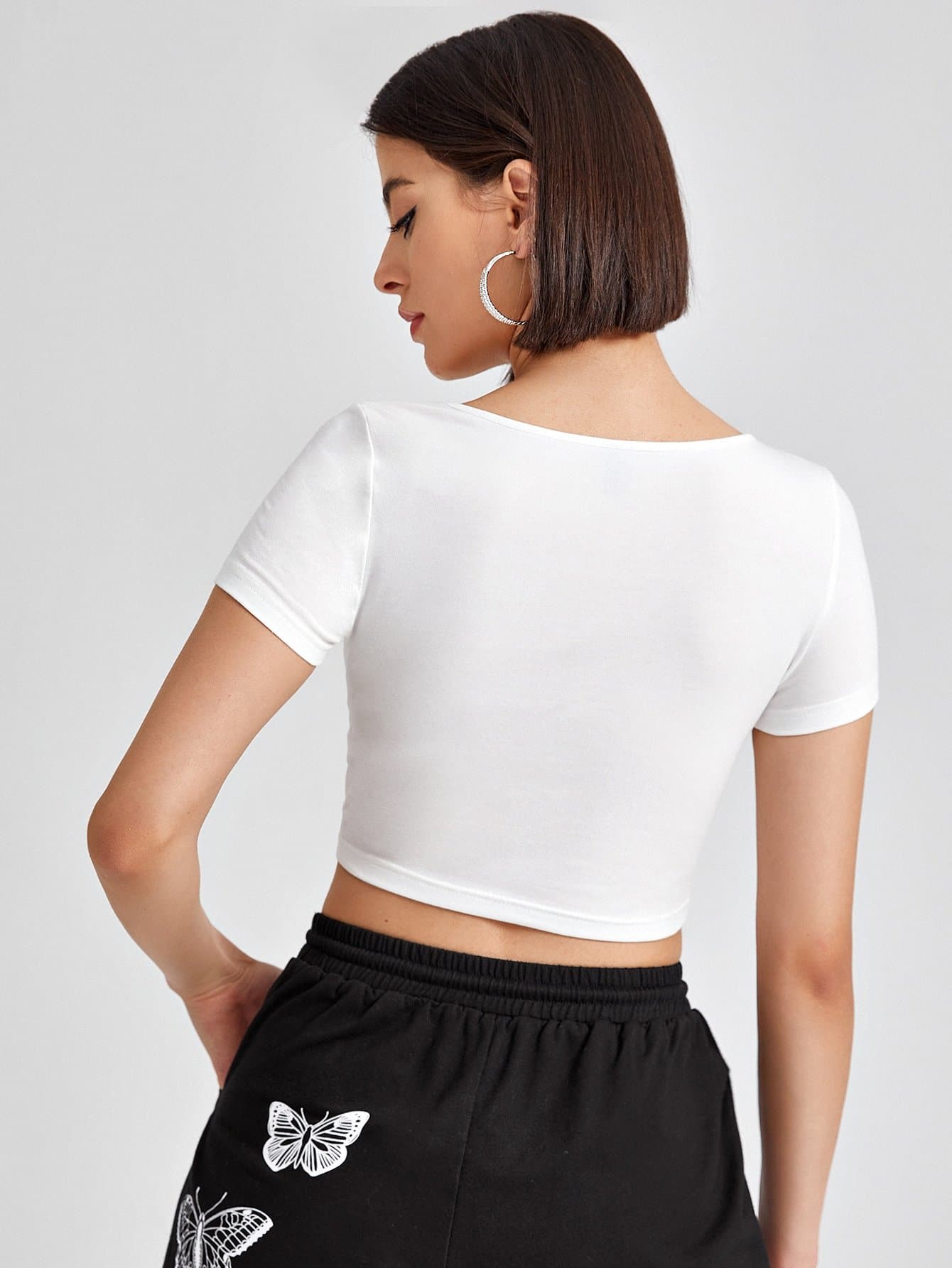 White Round Neck Butterfly Print Crop Top