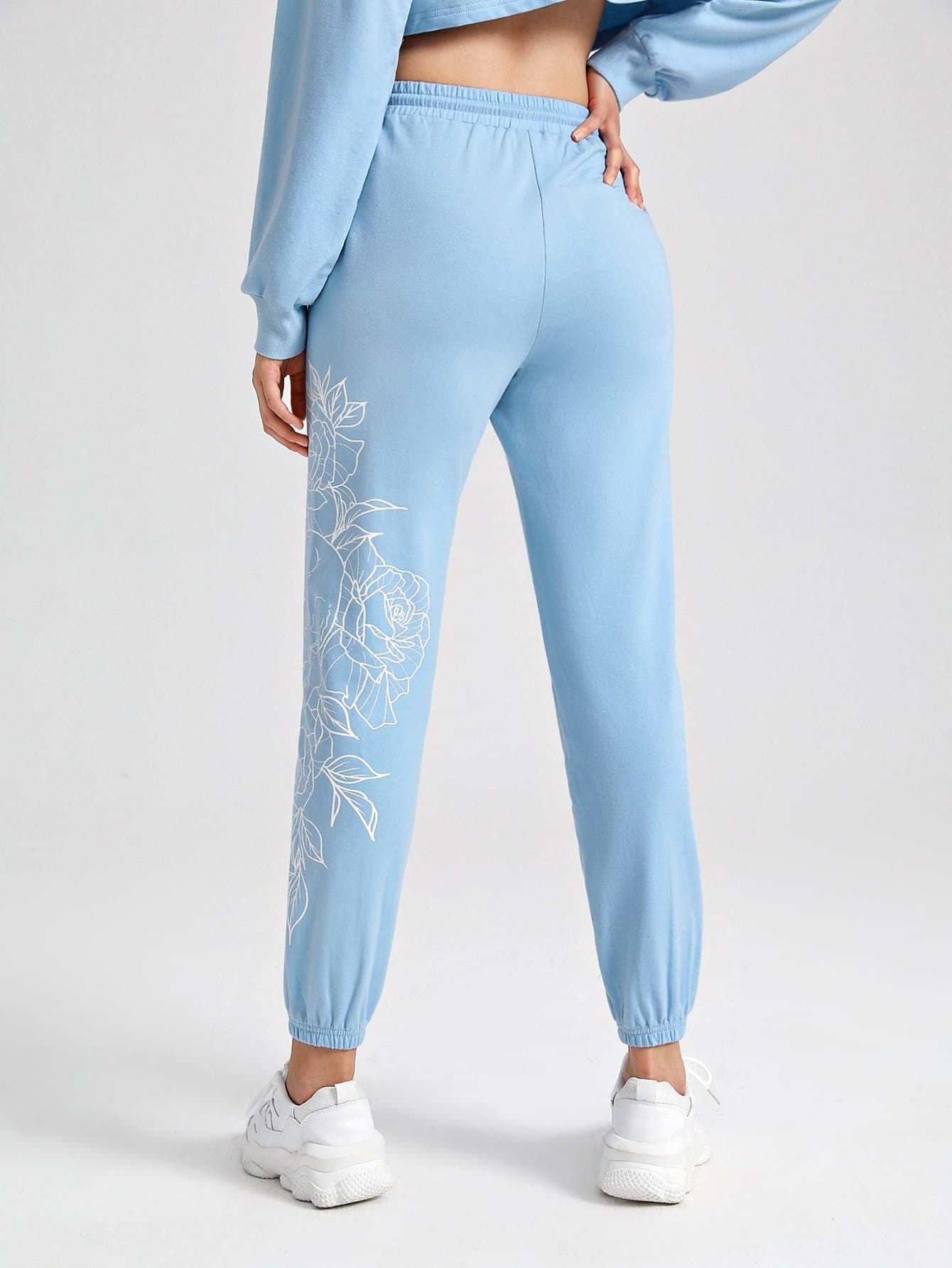 Blue Drawstring Waist Skull and Floral Print Joggers Leggings