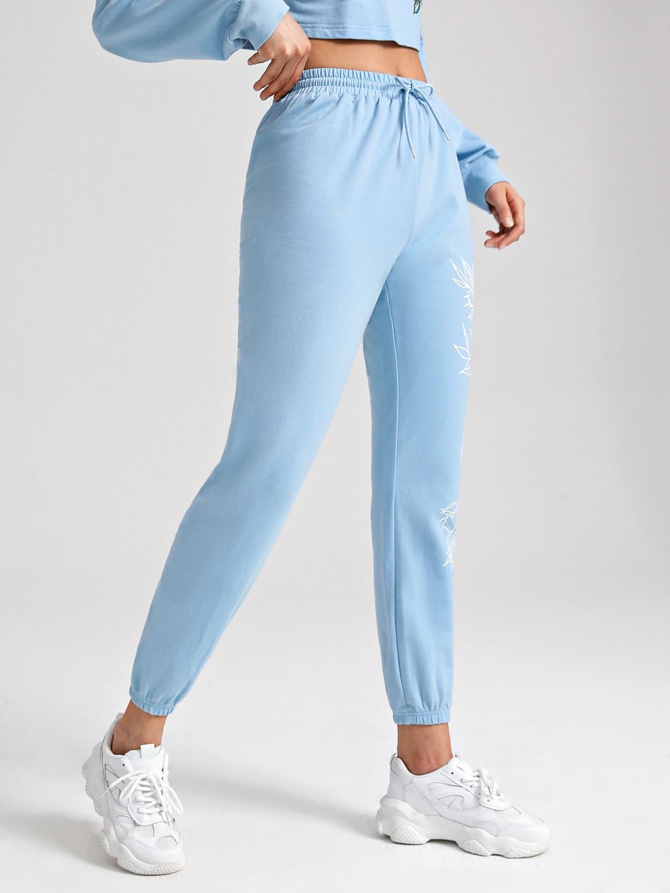 Blue Drawstring Waist Skull and Floral Print Joggers Leggings