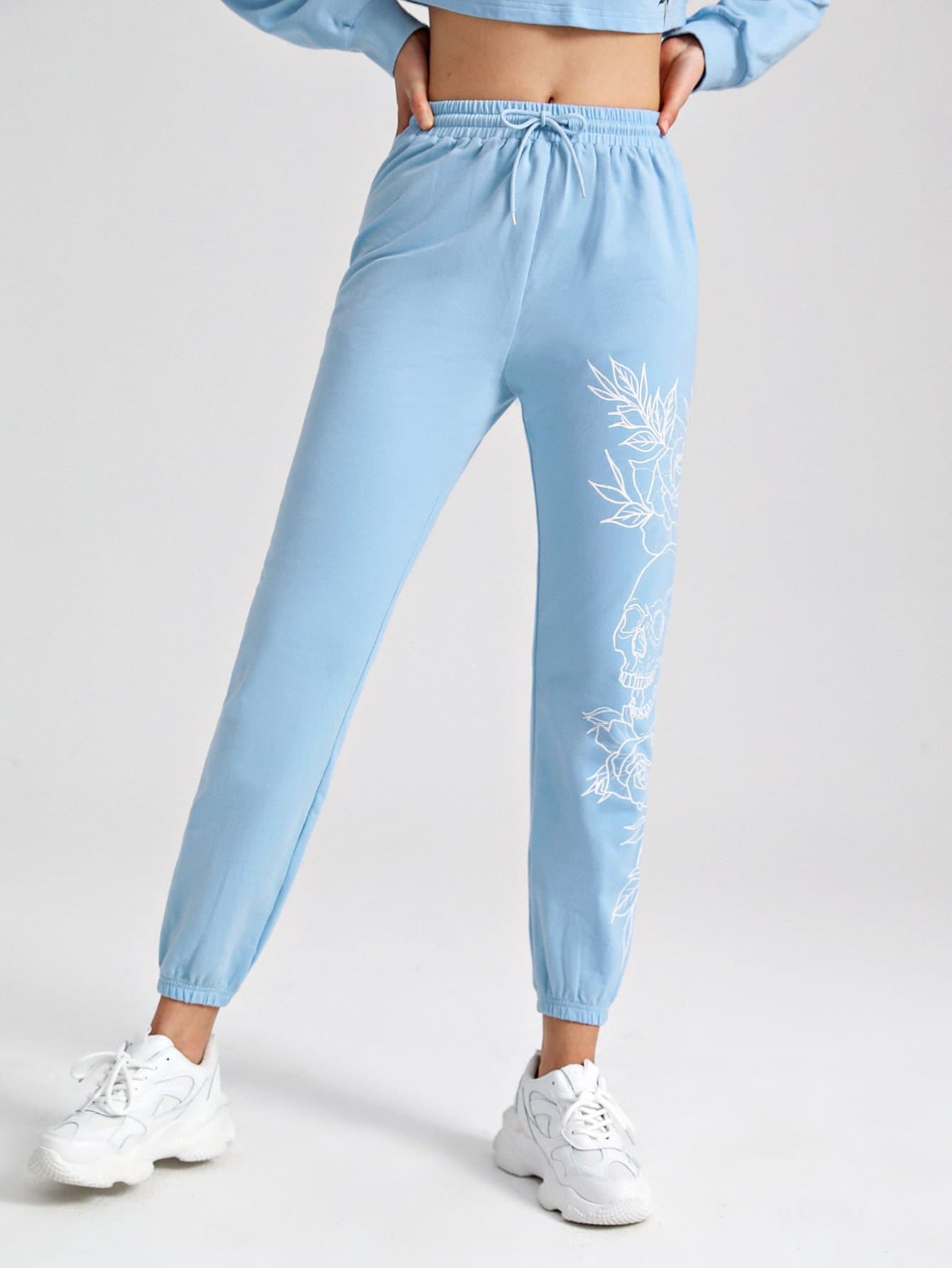 Blue Drawstring Waist Skull and Floral Print Joggers Leggings
