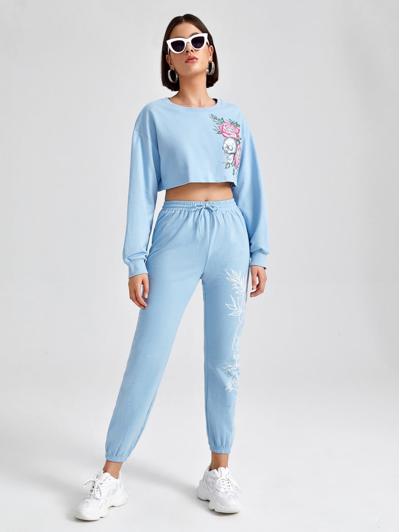 Blue Drawstring Waist Skull and Floral Print Joggers Leggings